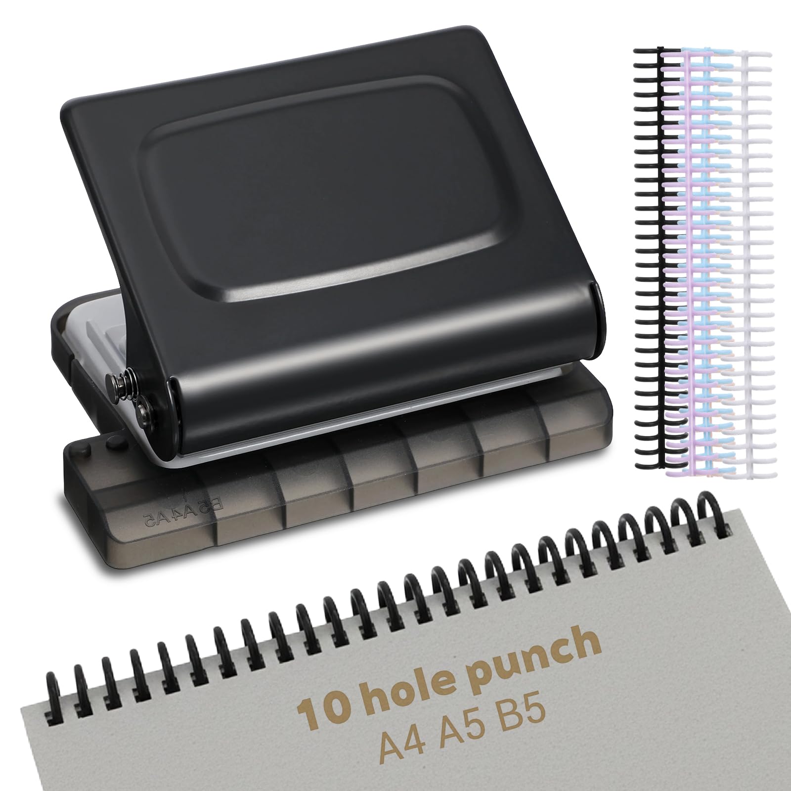 Photo 1 of 10 Hole Punch Binding Machine for Planners with 12 Multi-Color Binder Rings, 30 Holes on A4, 20 Holes on A5, 26 Holes on B5, 10 Sheet Capacity