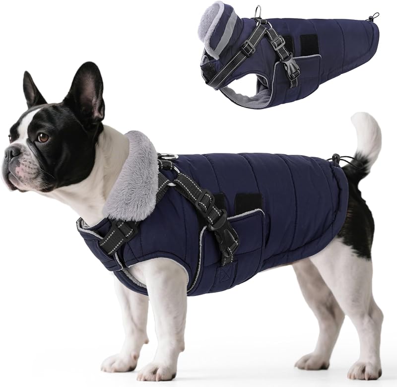 Casaco de Inverno Impermeável para Cães com Peitoral Integrado Queenmore, Azul-Marinho, Tamanho L