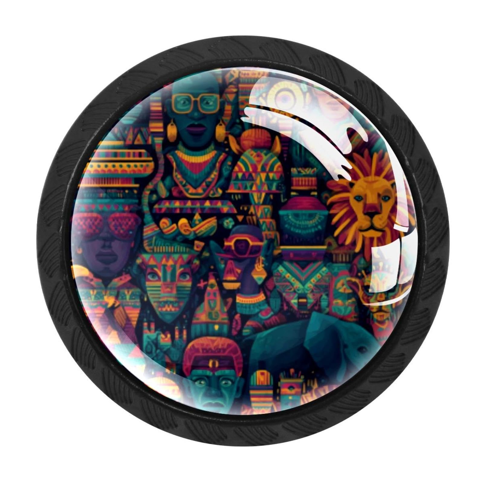 CHENZZZZ 4 Pcs Colorful Ethnic Africa Aloha Cabinet Knobs Single Hole White Dresser Drawer Knobs Round Decorative Hardware Pulls Handles for Bathroom Kitchen Furniture