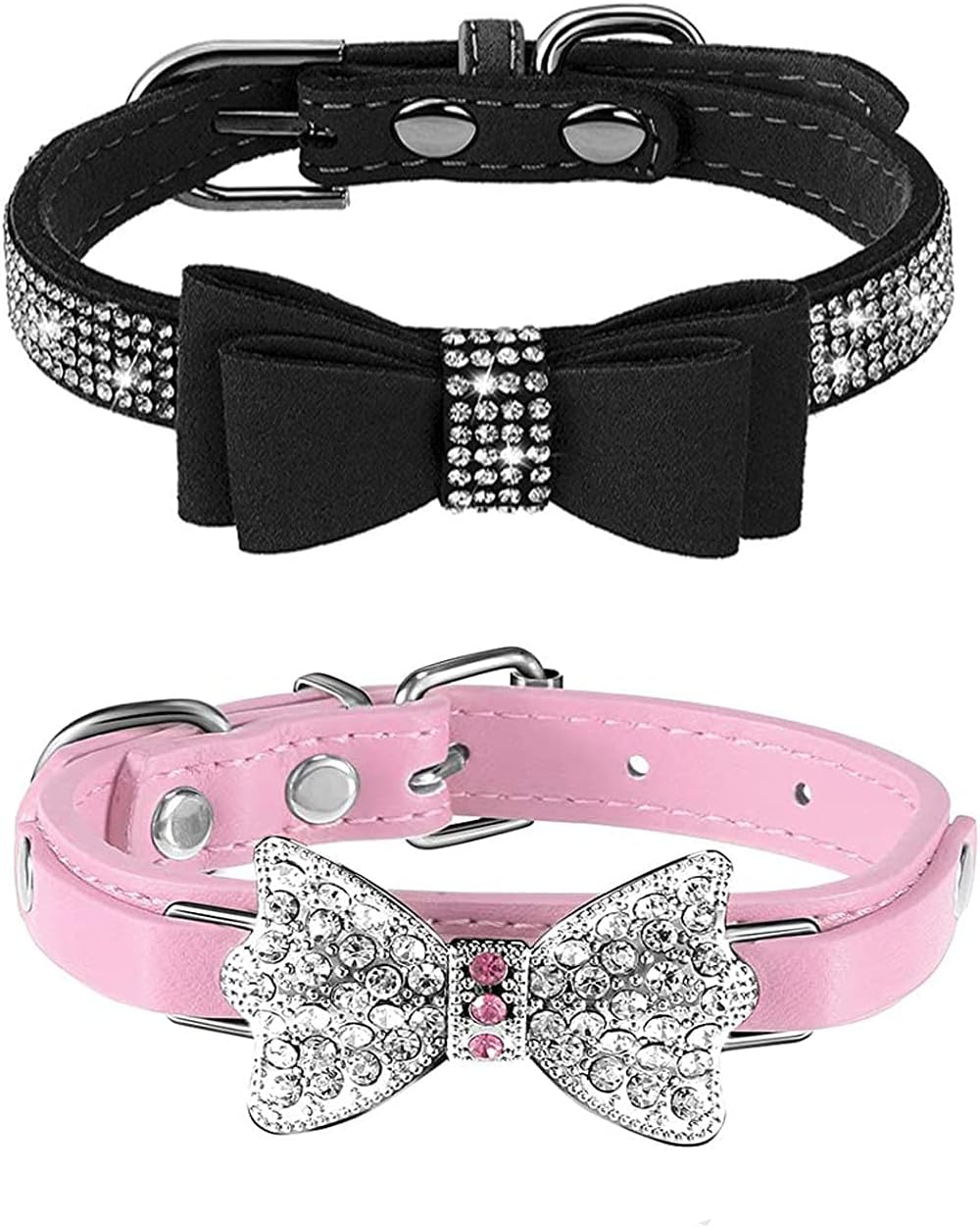 Bling Dog Collars Set, Rhinestone Cat Collars with Crystal Bow Adjustable Puppy Soft Suede Leather Diamonds Dog Collars for Small Pet…