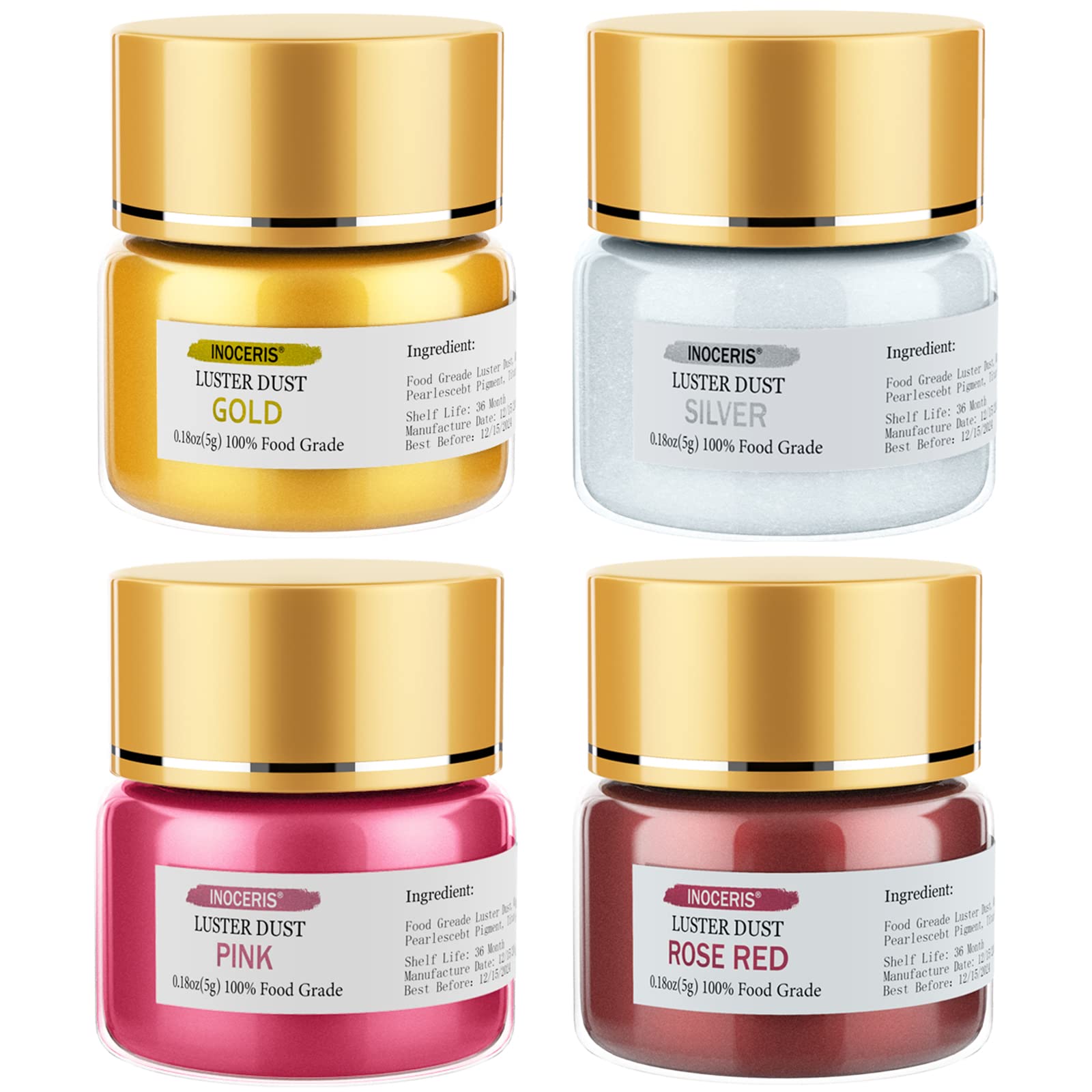 Edible Luster Dust Set, INOCERIS Food Grade Cake Dust Shimmer Powdered Flavorless Metallic Luster Dust Christmas Food Coloring Powder for Baking Decorating, Fondant, Chocolate, Candy, Drinks More & Painting