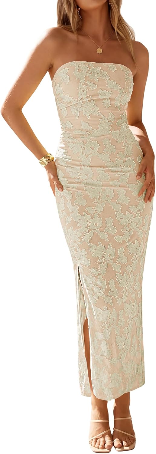 ZESICA Women's 2026 Summer Floral Strapless Maxi Dress Bodycon Tube Side Slit Mesh Wedding Guest Cocktail Party Long Dresses