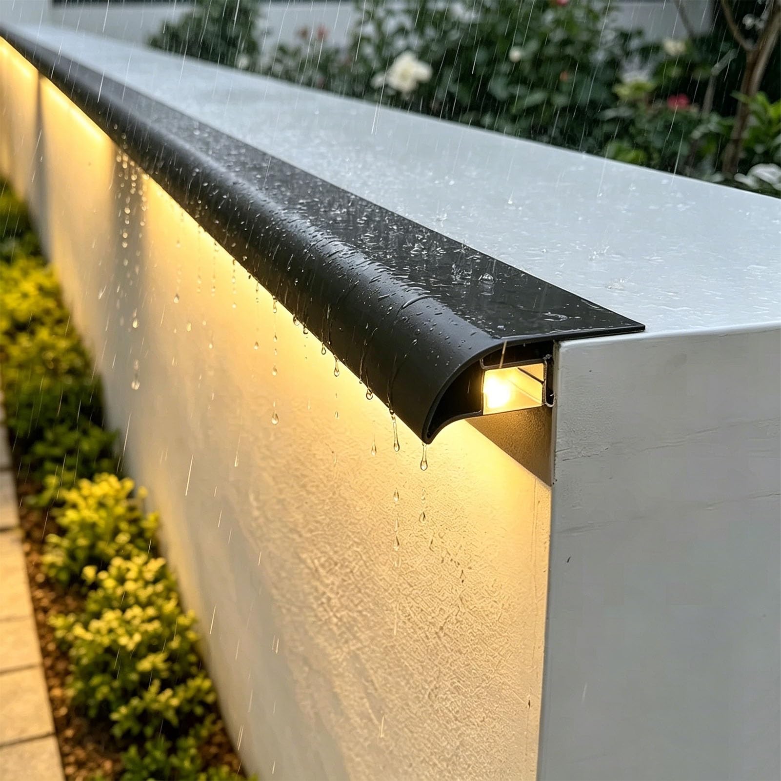 Perfil de Transición para Suelo Franja de Drenaje en el Borde del Muro del Patio, Protector Metálico Vierteaguas para Aleros o Tejados, Línea de Goteo Exterior(Black)