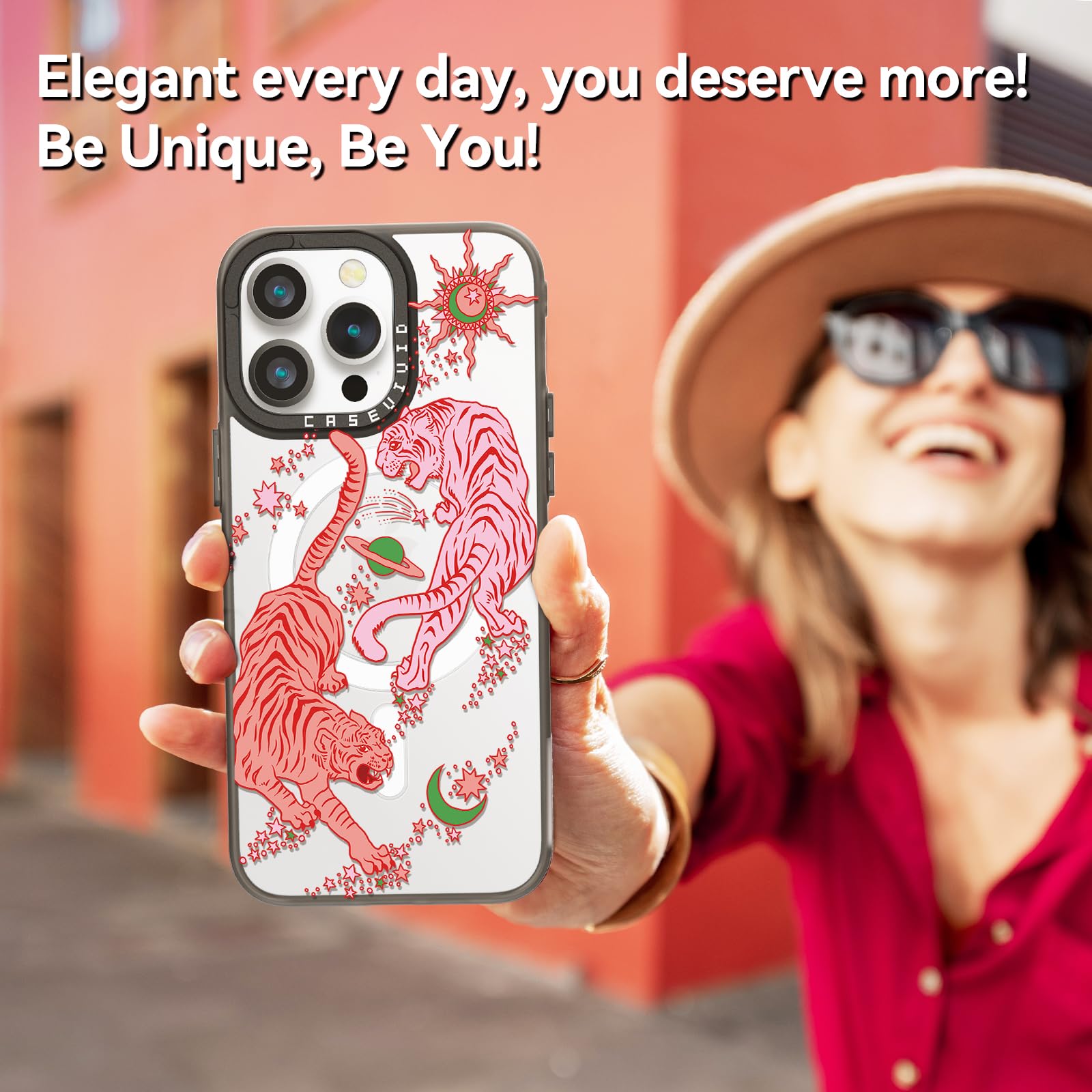 Funda magnética para iPhone 14 Pro Max Magsafe bonita estética, funda de teléfono de carga inalámbrica negra con correa para la muñeca, diseño de estampado de tigre femenino para mujer y