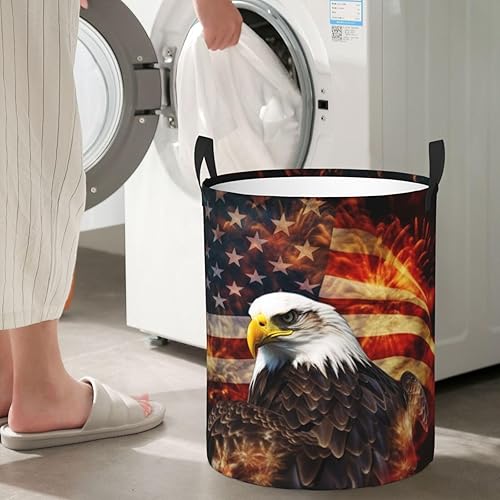 Miniatura 7 de American Flag Fire Eagle print Circular Hamper Waterproof Storage Bin Organizer Basket Laundry Hamper With Handles For Clothes Toys Medium
