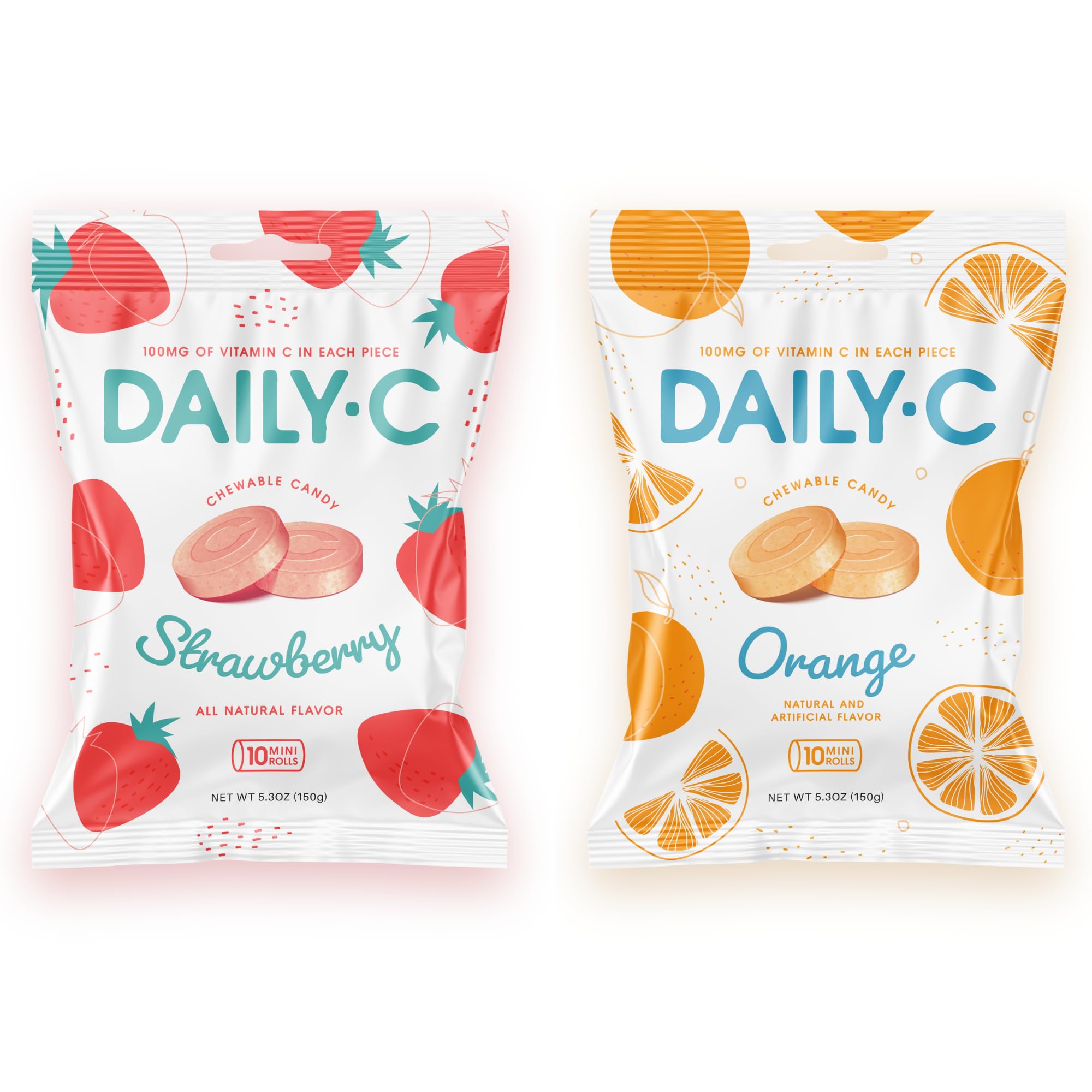 Chewable Vitamin C Strawberry and Orange Candy Bundle | 100MG of Vitamin C in Each Piece| Contains 10 Mini Rolls | Brought to You by Iconic Candy | 5.3oz Strawberry Bag + 5.3oz Orange Bag