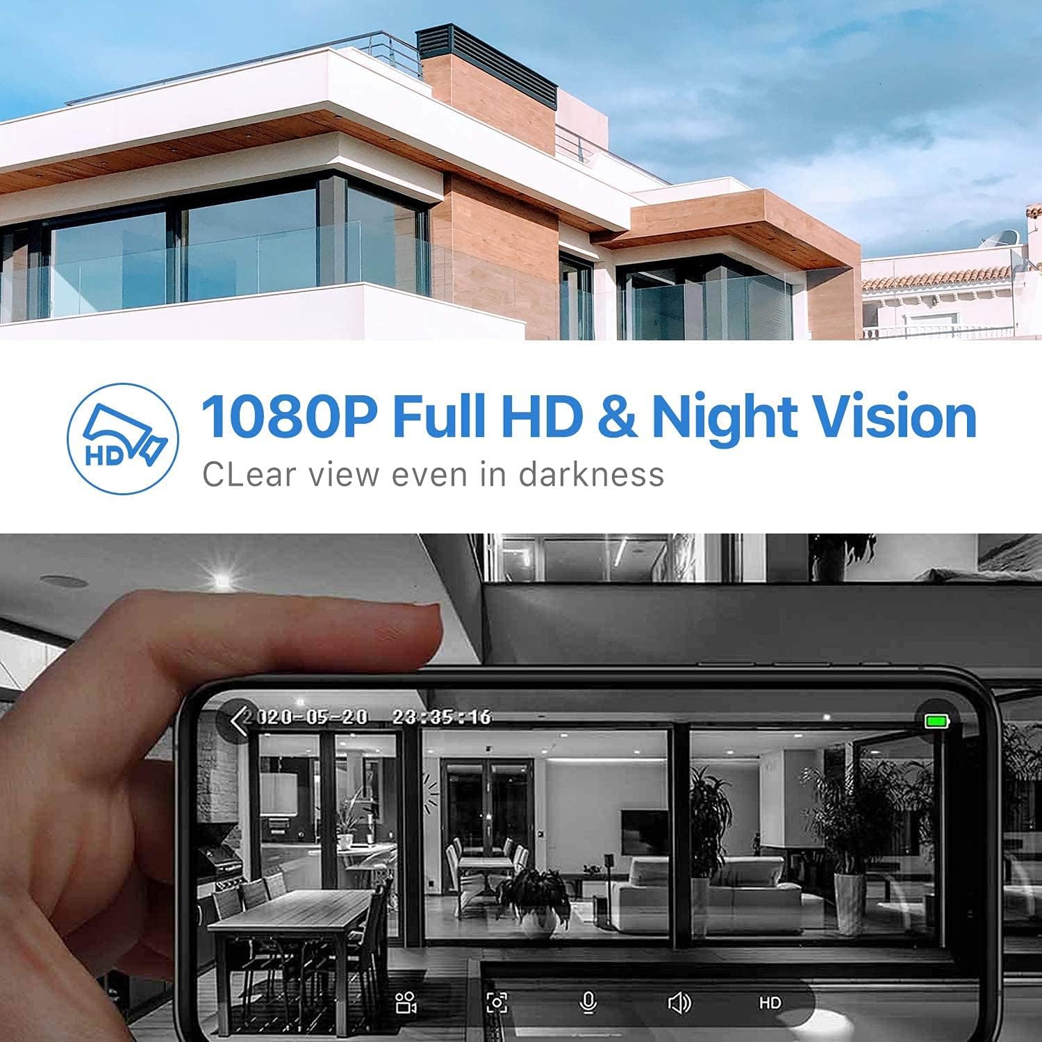 Image showing a split view of a house, with one side in daylight and the other in black and white night vision, demonstrating 1080P Full HD and Night Vision.