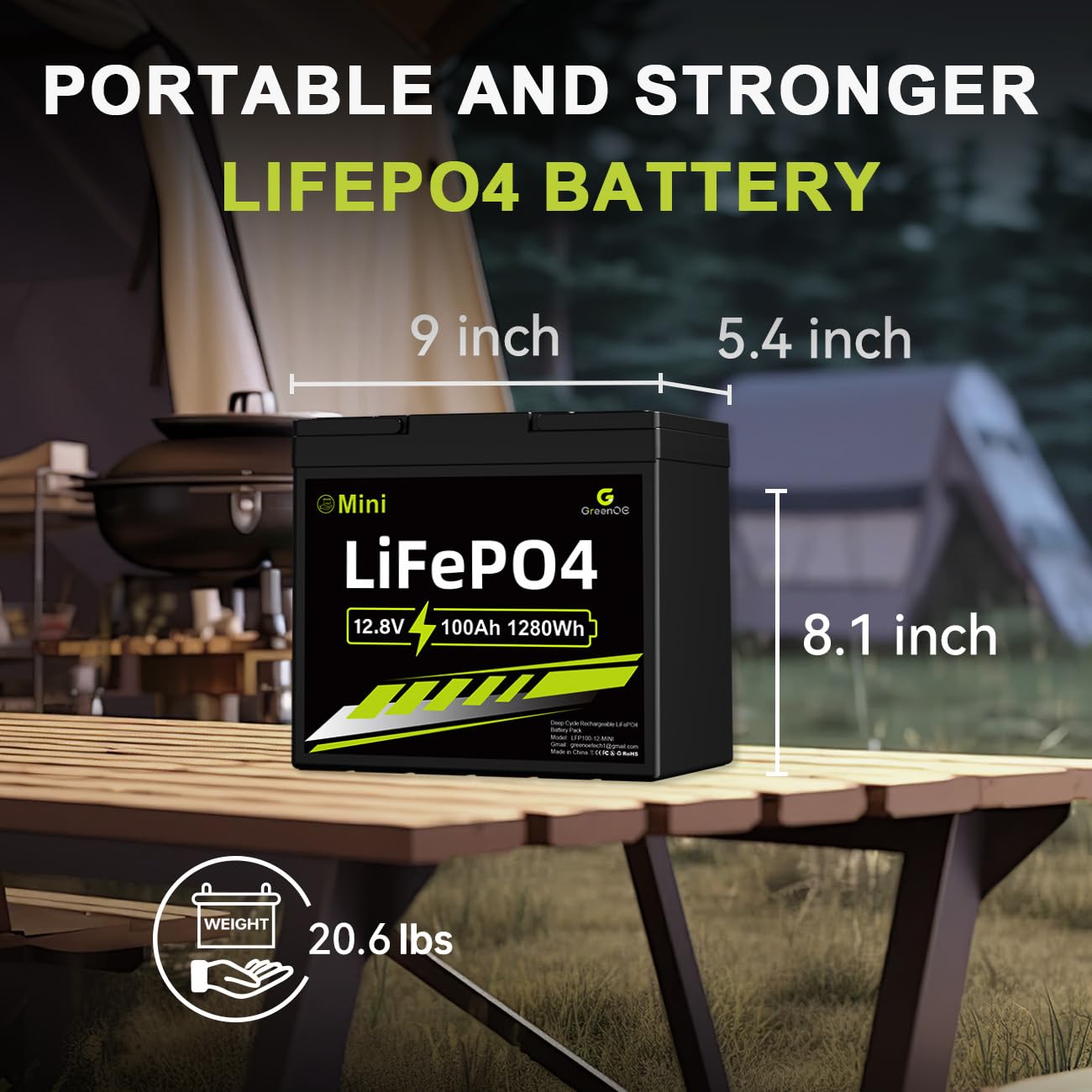 GREENOE 12V 100Ah Mini LiFePO4 Battery, Smaller Than BCI Group 31 Built in100A BMS,Low Temperature Protection,1280Wh, Up to 15000 Cycles, Lithium Battery for RVs, Trolling Motor & Solar System