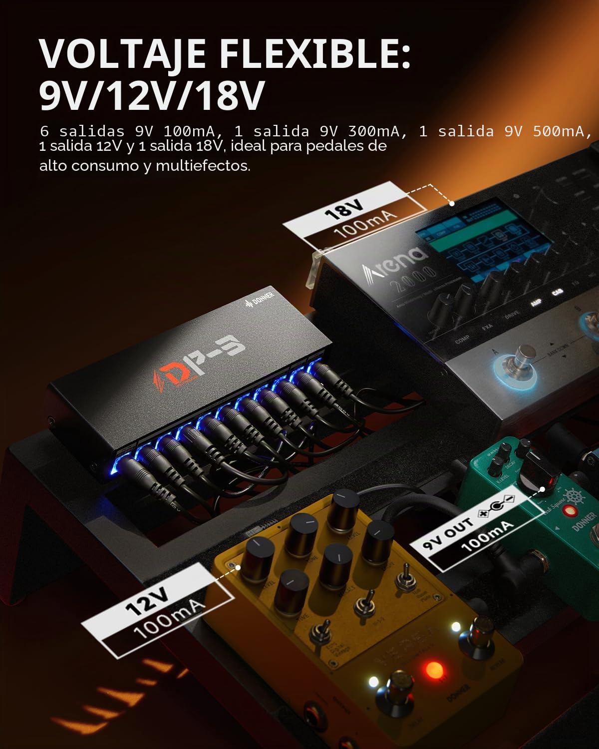 Donner DP-3 Fuente de alimentación para pedales de efectos de guitarra con 10 salidas DC aisladas para pedales 9V/12V/18V (100mA/300mA/500mA)