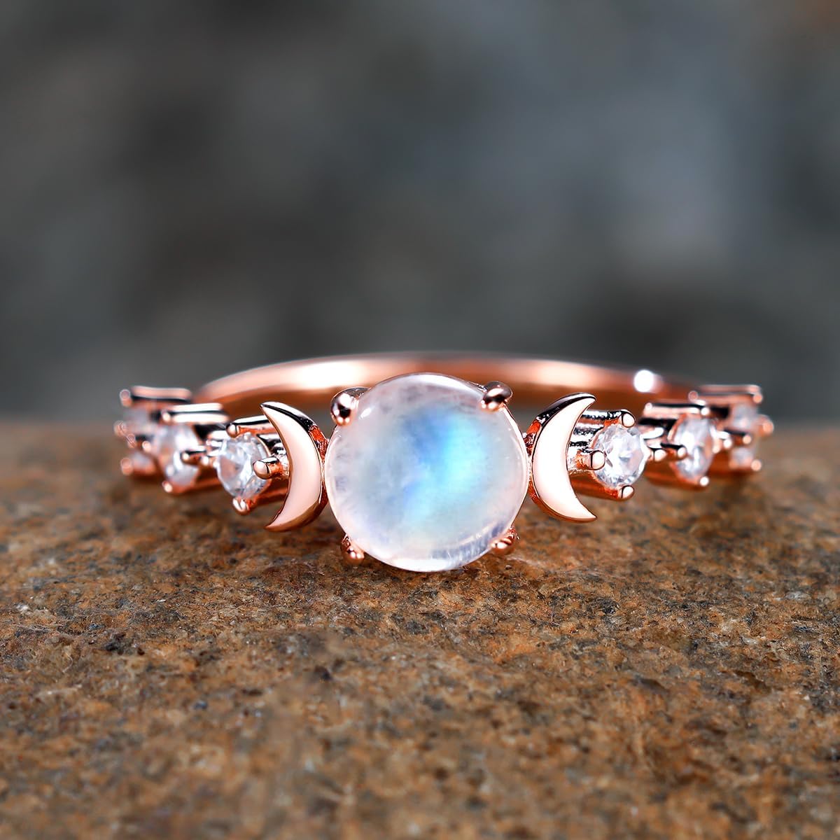 Natural Moonstone Ring for Women, 925 Sterling Silver Triple Moon Goddess Engagement Promise Ring Anniversary, Birthday, Christmas, Valentine's Day Gift for Her (Natural Moonstone-Rose Gold, 7) - Image 2