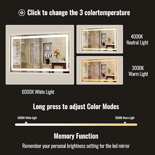 Vista 27 de Espejo de baño LED, 32 x 48 pulgadas, marco blanco degradado frontal y retroiluminado, antiniebla, regulable, espejo iluminado horizontal/vertical