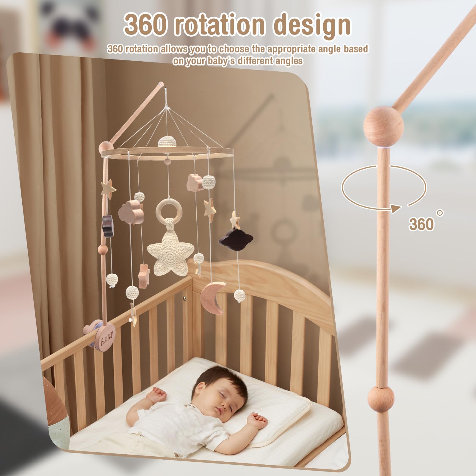 Cot Mobile Arm Wooden Mobile Crib Holder 360° Rotating Height Adjustable Baby Mobiles Hanger DIY Baby Mobiles Stand Bracket Holder for Hanging Bed Bell Wind Chimes Nursery Decor - Image 3