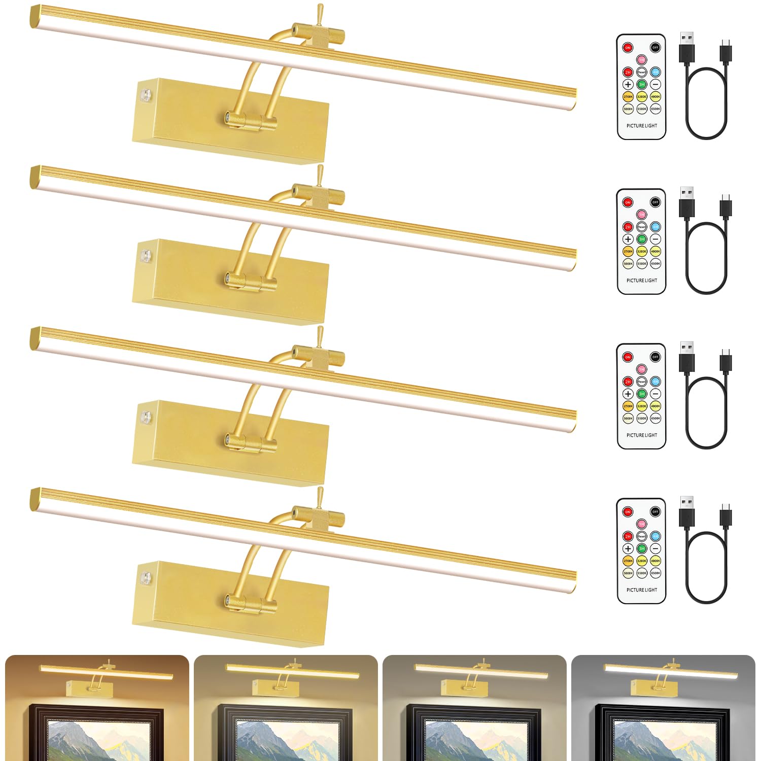 Bilderleuchten in 6 Farben, batteriebetrieben mit Fernbedienung, 40,6 cm, kabellos, wiederaufladbar, Malleuchten mit Timer für Wand, 6 CCT dimmbare Display-Lichter für Kunstgalerie,