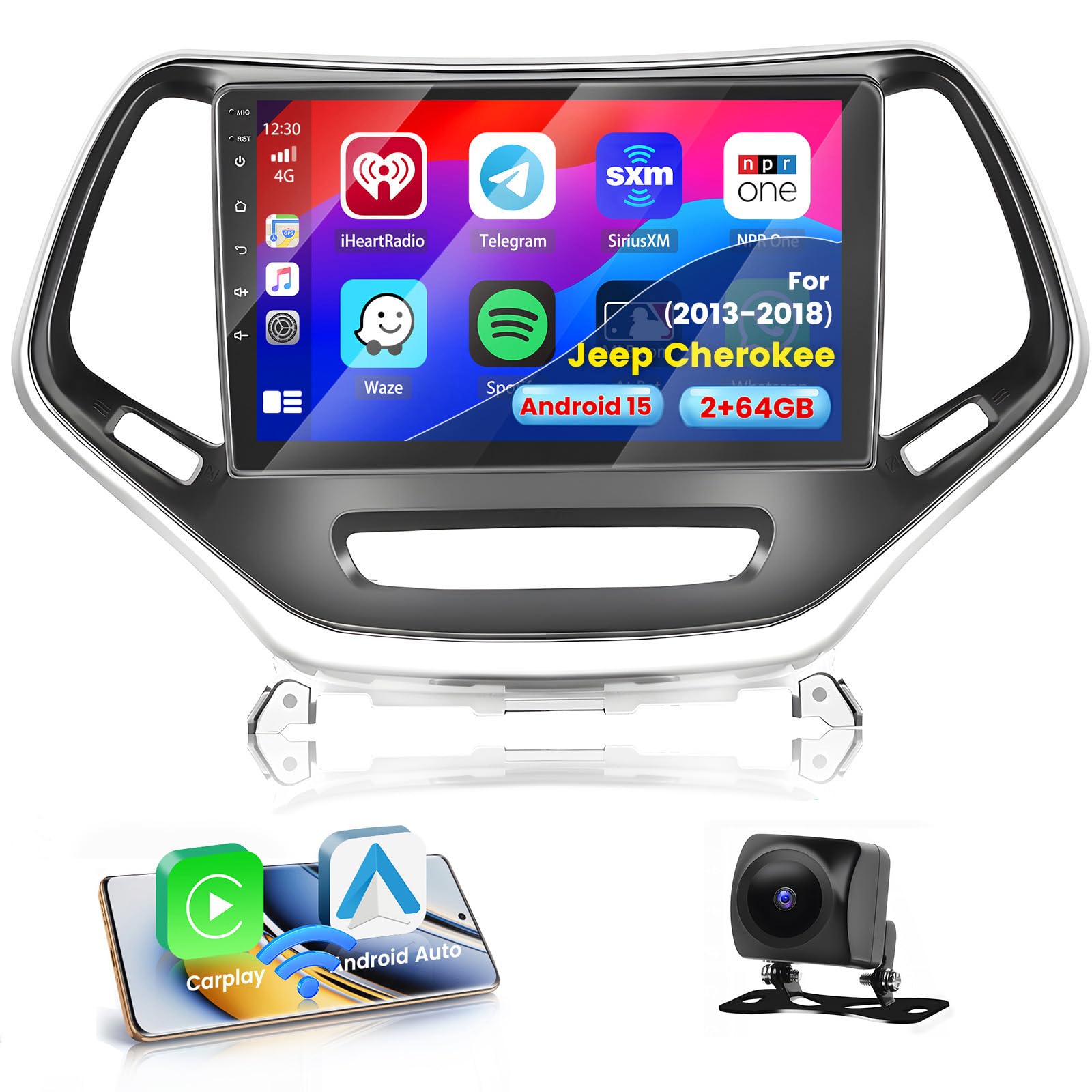 Inefala 2G 64G Radio for Jeep Cherokee 2013-2018 Android 15 CarPlay Car Stereo 10.1'' Touch Screen Compatible with Android Auto AHD Backup Camera