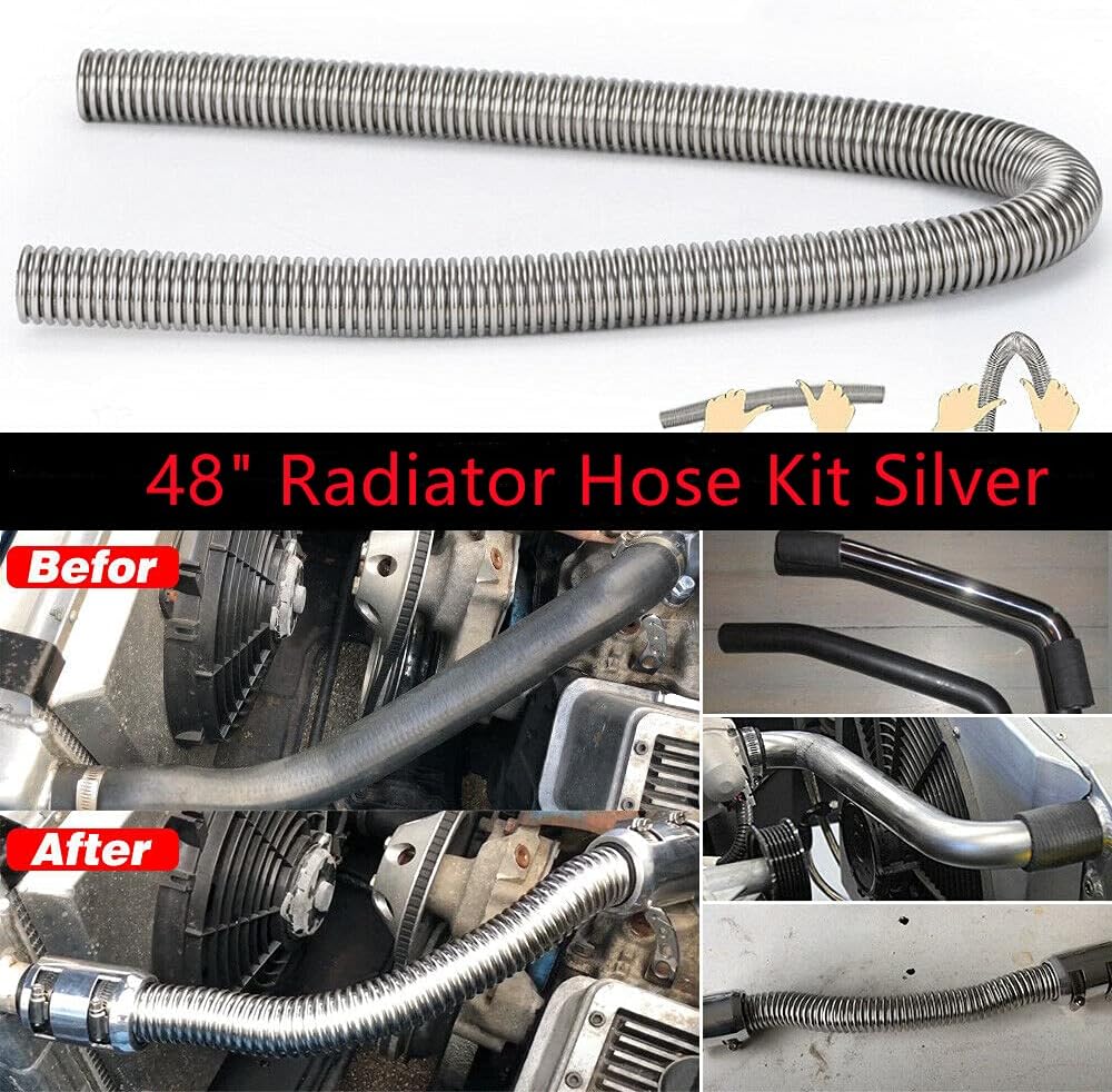 Universal 48-inch Flexible Radiator Hose Kit with 1-3/4", 1-1/2", 1-1/4" Chrome Caps Stainless Steel HTRACING (silver)