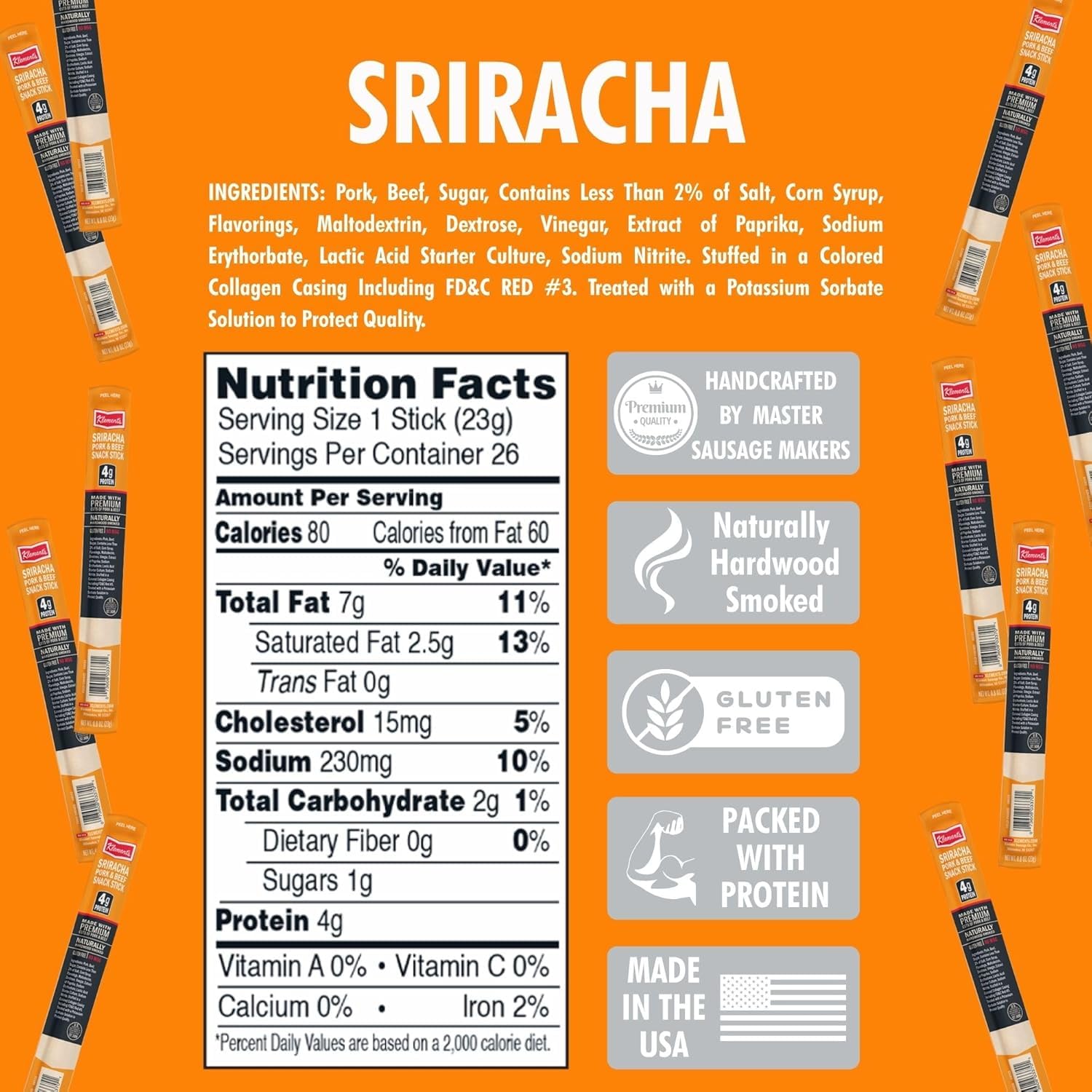 Jerky.com Spicy Sriracha Meat Sticks - 26 Pack | Bold Beef & Pork Jerky Sticks | High Protein, Low Carb, Keto Snack | Gluten-Free, No MSG | Individually Wrapped Jerky Gifts for Men