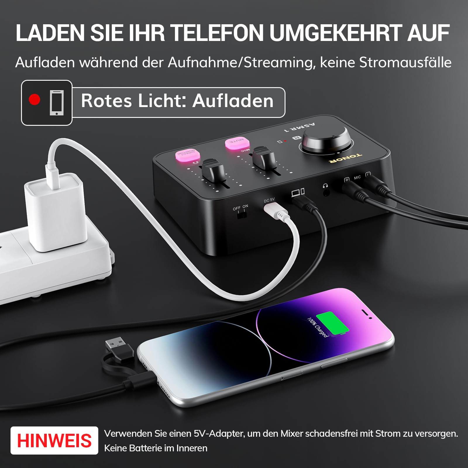 TONOR Podcast Mikrofon Set mit Audio Interface, ASMR Mikrofon, 2 Kondensatormikrofone, Audio Mixer, Lautstärkeregler, 3D Stereoklang, mit Fell-Windschutz, USB Microphone für PC/Handy, Schwarz