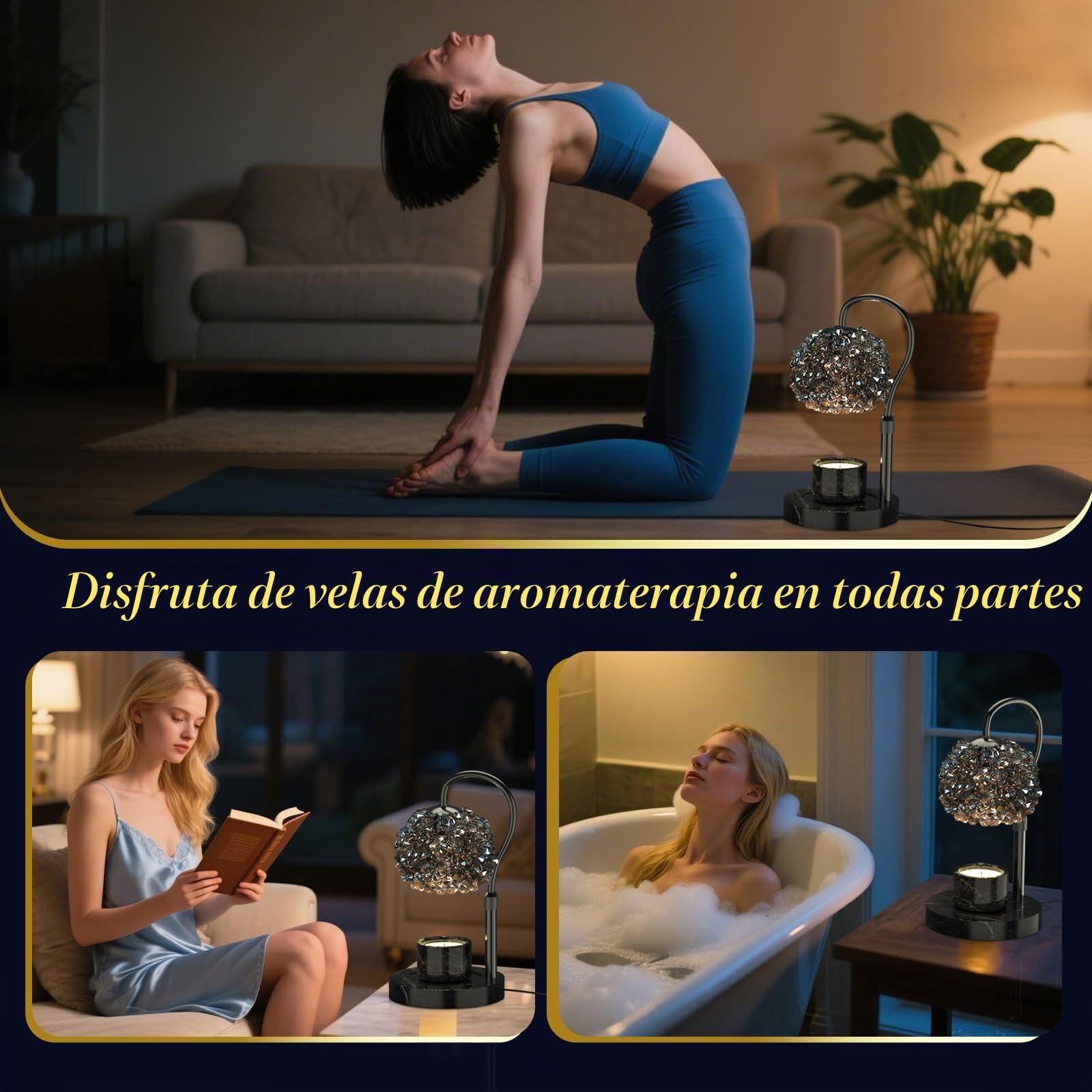 Genérico Lámpara calientavelas de lujo con temporizador y brillo regulable, pantalla de cristal de gemas y base premium. Ajustable para derretir cera, ideal para decoración del hogar(Negro)