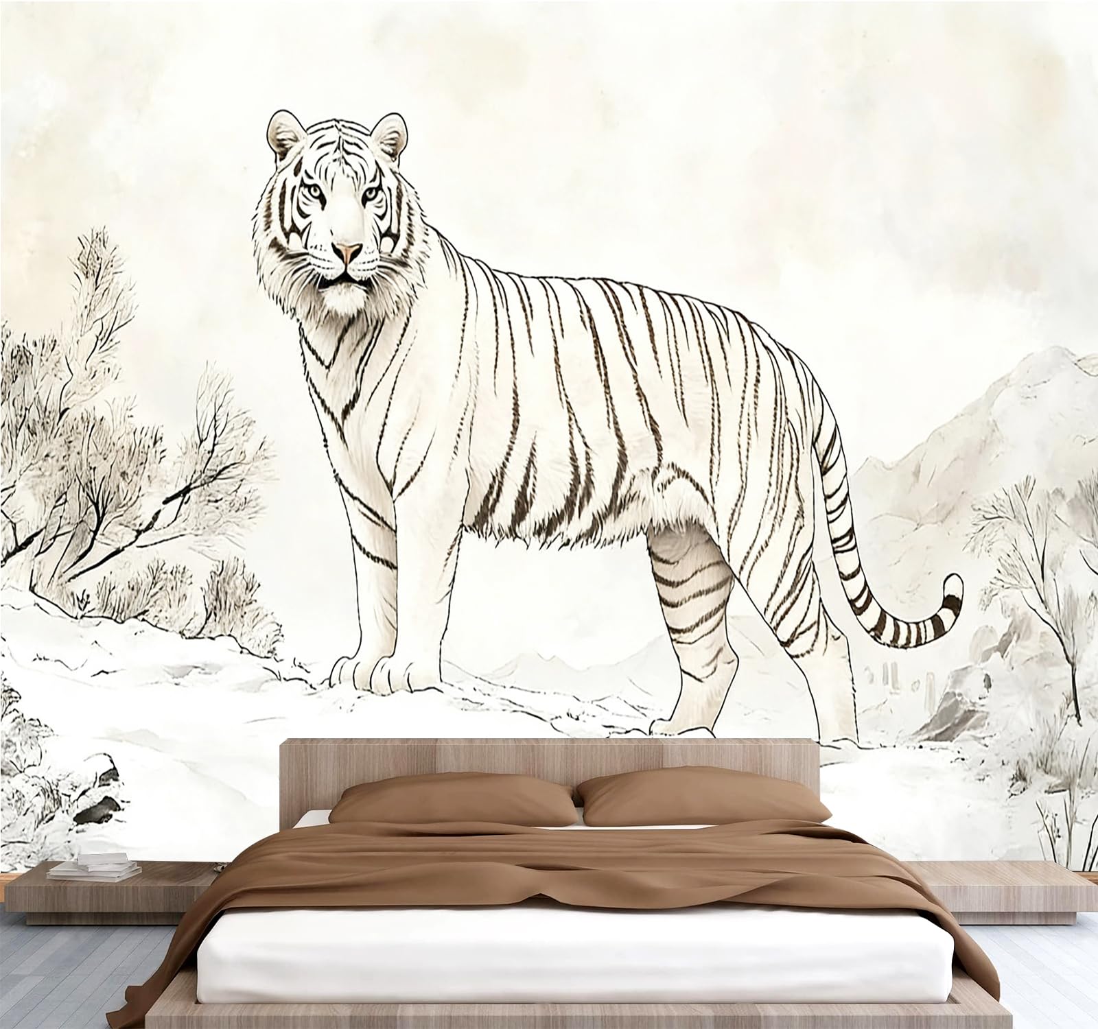 Générique Papier Peint Panoramique 3D 366x254 cm Tigre Non-tissé Murale Maison Décoration Intérieure Animaux Dessinés à La Main pour Chambre Salon Mur TV Artistique Poster Décoration Murale 1M2794