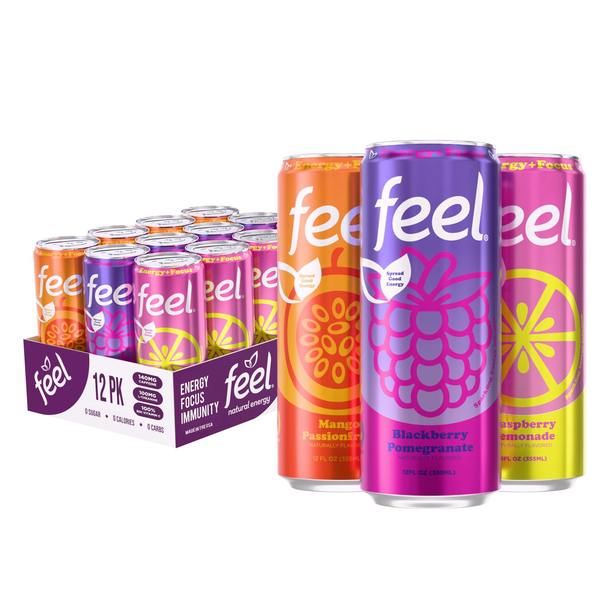 Zero Sugar Natural Energy Drink Variety Pack – Blackberry Pomegranate, Mango Passionfruit & Raspberry Lemonade, 140mg Plant-Based Caffeine with L-Theanine for Focus, Vitamin C for Immunity, Vegan, Non-GMO, No Artificial Sweeteners, 12 Fl Oz Cans (12-Pack)
