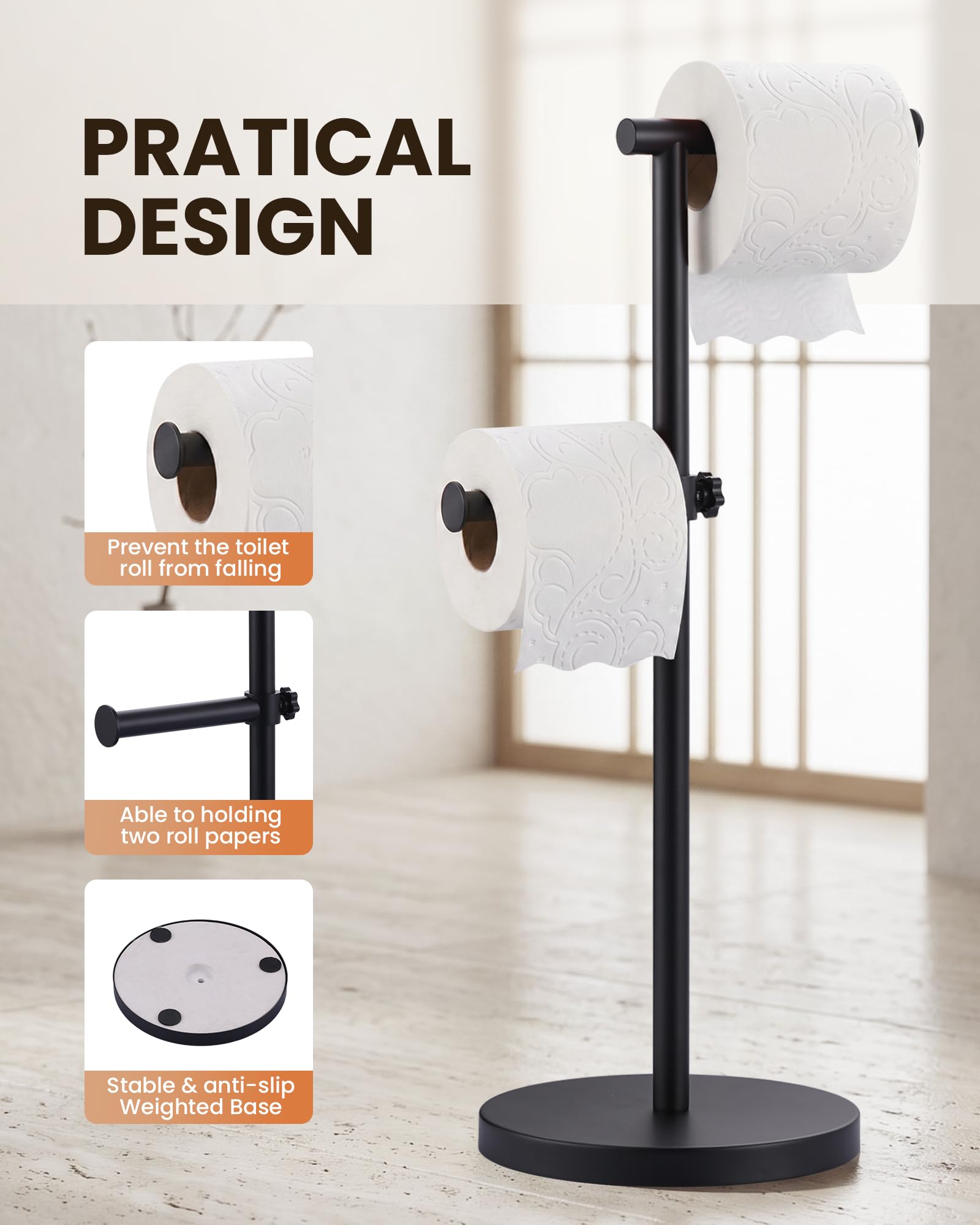 Toilet Paper Holder Stand, Heavy-Duty Stainless Steel Toilet Paper Stand with Weighted Base, Free Standing Floor Tissue Roll Holder for Bathroom, 21" H Matte Black — Amazon image 4