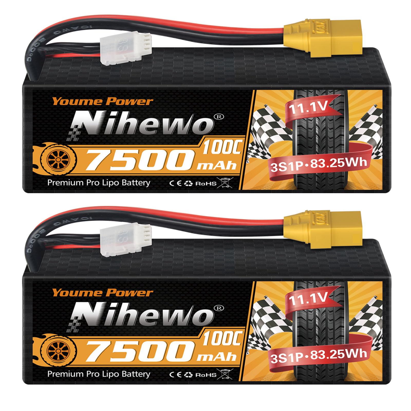 Nihewo 3S Lipo Battery, 2Packs RC Battery 11.1V 7500mAh 100C 3S Lipo Hard Case XT90 Connector Compatible with Arrma Axial Losi 1/8 1/10 RC Car Truck Truggy Vehicles Tank Boat Airplane Models