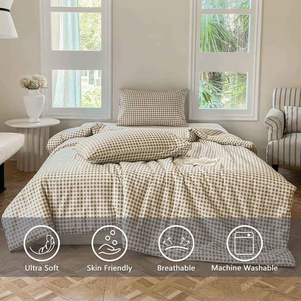 NSNLGSGC Tan Gingham Cotton Comforter Set King, 100% Washed Cotton Taupe Plaid Checked Comforter Bedding, 3 Pieces Vintage Farmhouse Grid Bedding Set(Tan Gingham, King)