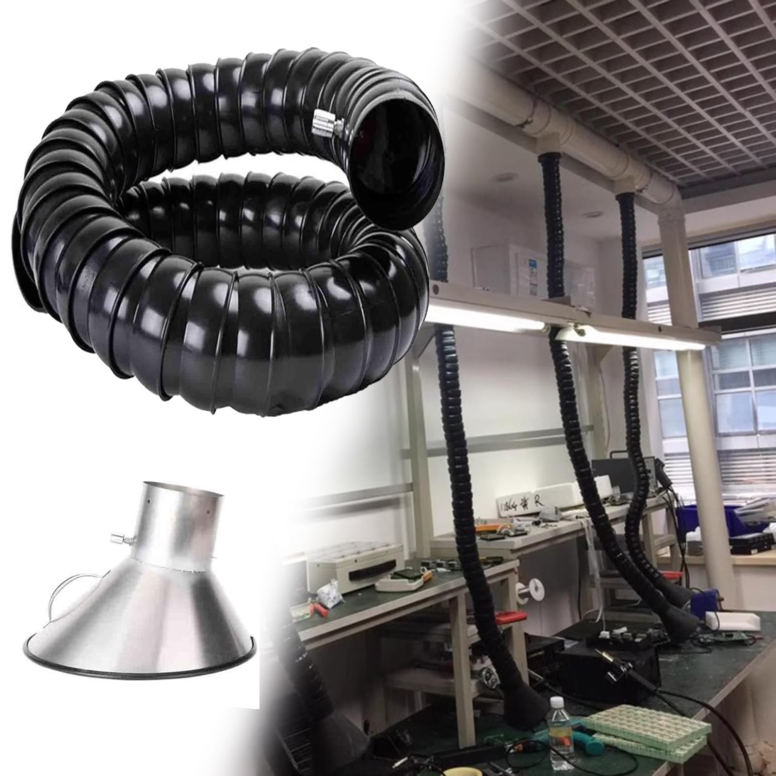 Manguera de ventilación Tubo extractor de humos con campana de acero inoxidable, brazo extractor de polvo giratorio 360° para carpintería, tamaño personalizable.(1.5m/4.9ft,68mm/2.7inch)