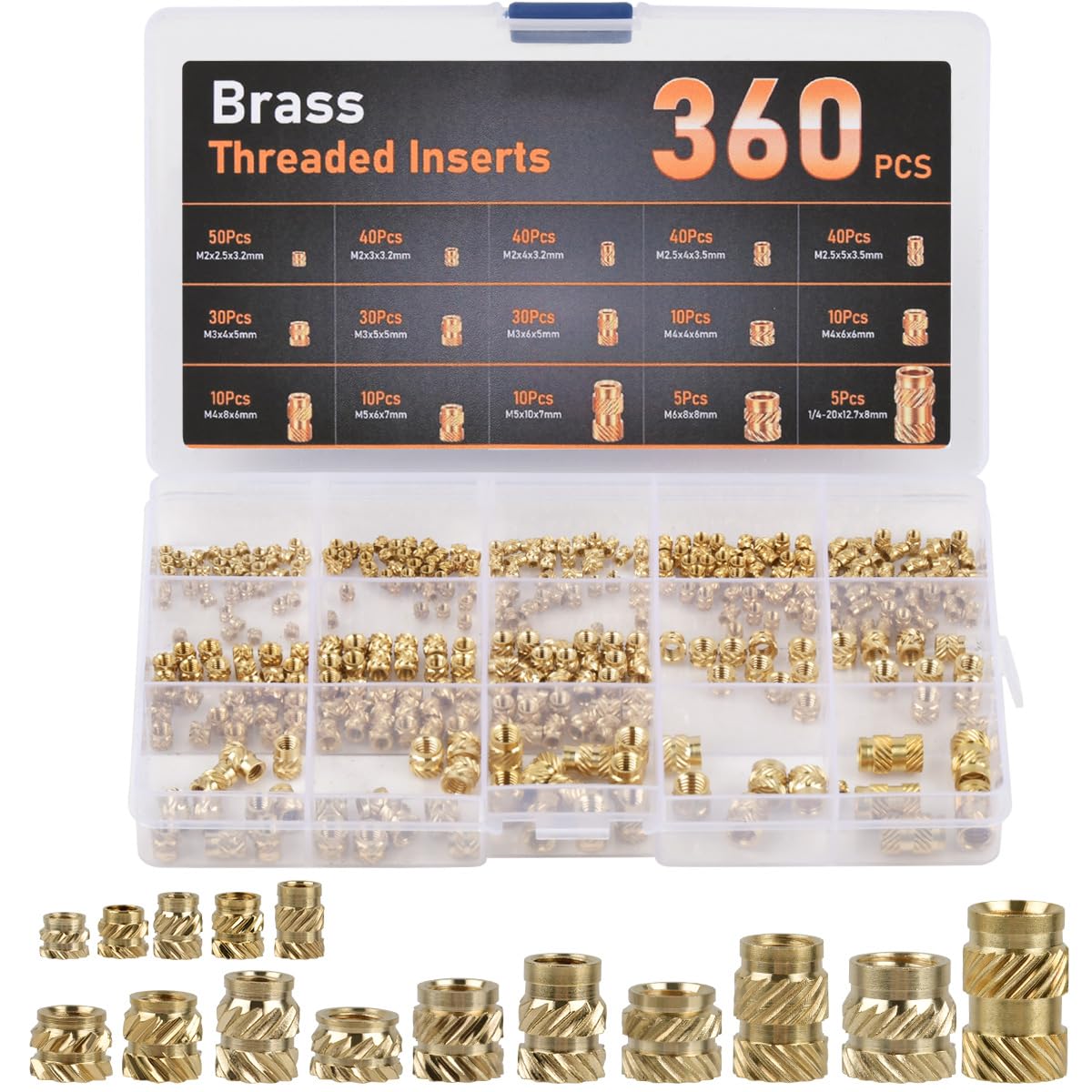 360Pcs Insertos Roscados, M2 M2.5 M3 M4 M5 M6 Tuercas de Insertos Roscados de Latón, Tuerca Insertables, Tuerca Moleteada, Roscado Inserción Tuercas Surtido Kit para Impresora 3D