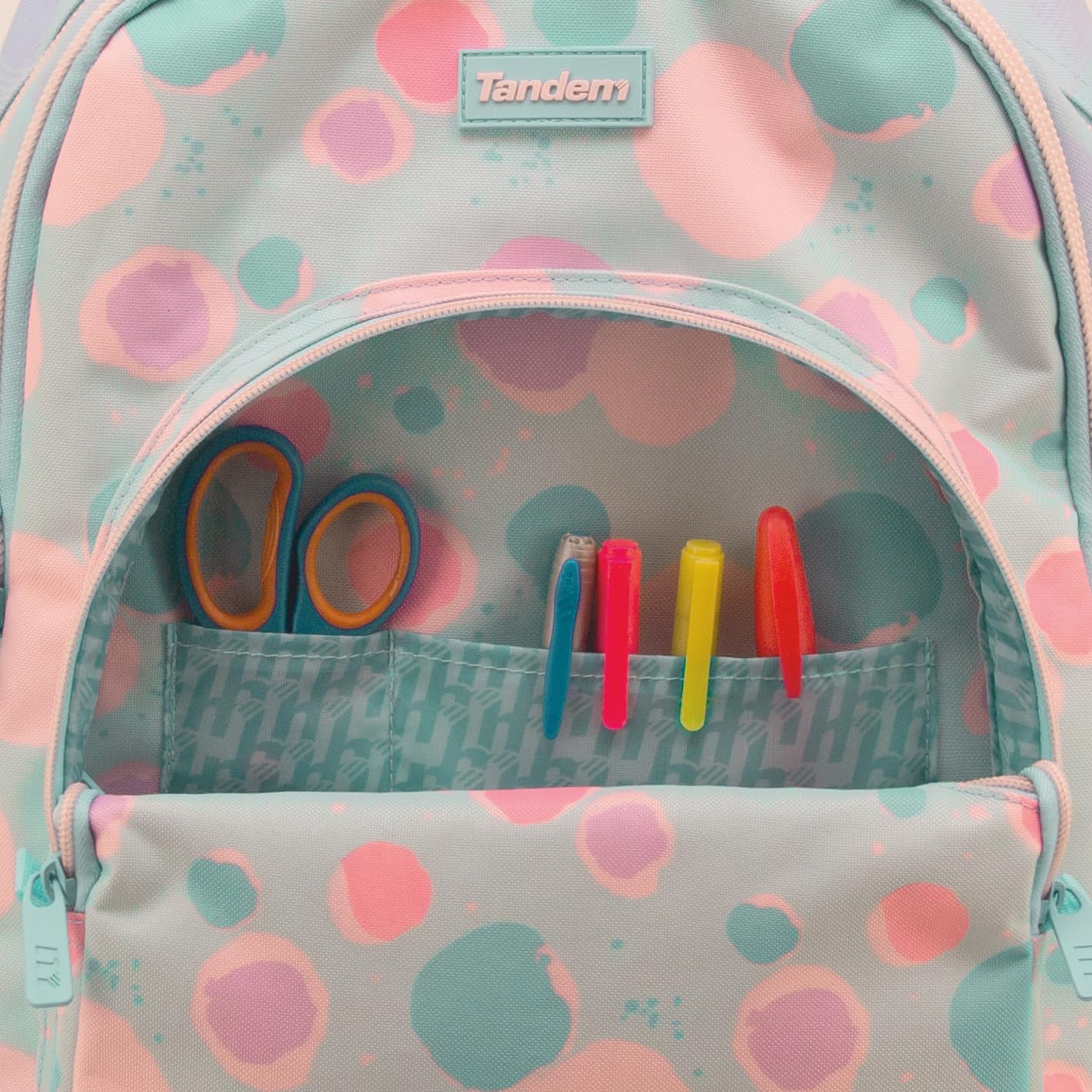Sportandem Tandem mochila escolar doble cuerpo con compartimento acolchado para portátil, 23 L, bolsillos para botella y organizador, verde pastel/celeste/rosa