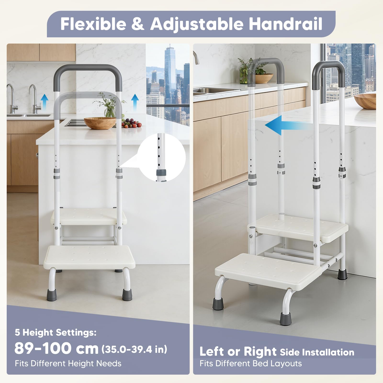 Scaletta da bagno con maniglione di supporto per anziani | Altezza regolabile in 5 posizioni (89-100 cm) | Sgabello a 2 gradini, portata massima 135 kg | Antiscivolo, ideale per vasca da bagno cucina