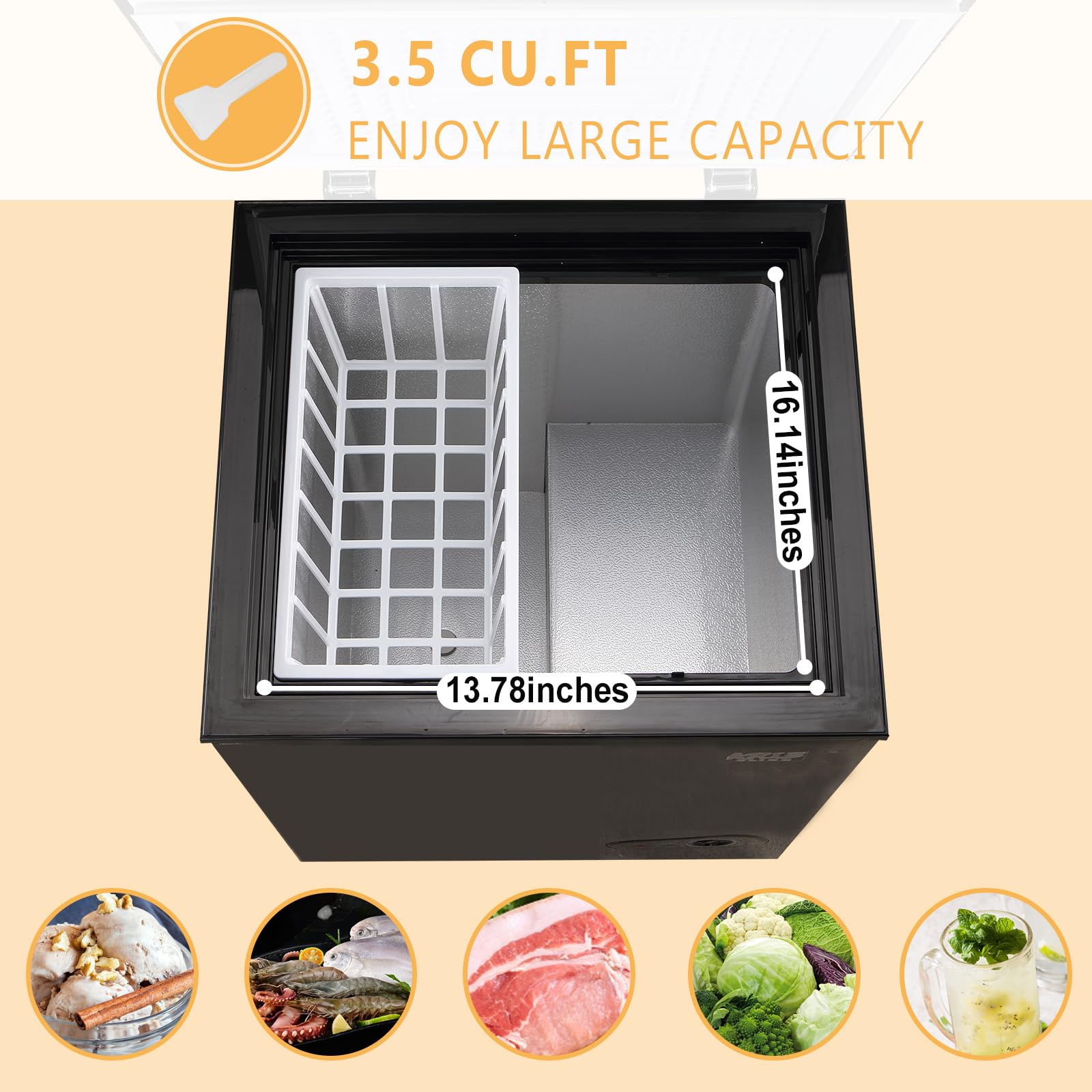 KRIB BLING Chest Freezer with Removable Basket, 3.5 Cu. Ft Mini Freezer 7 Temperature Levels Thermostat, Top Door Open, Ideal for Home, Kitchen & Office, Black on Fridge.com