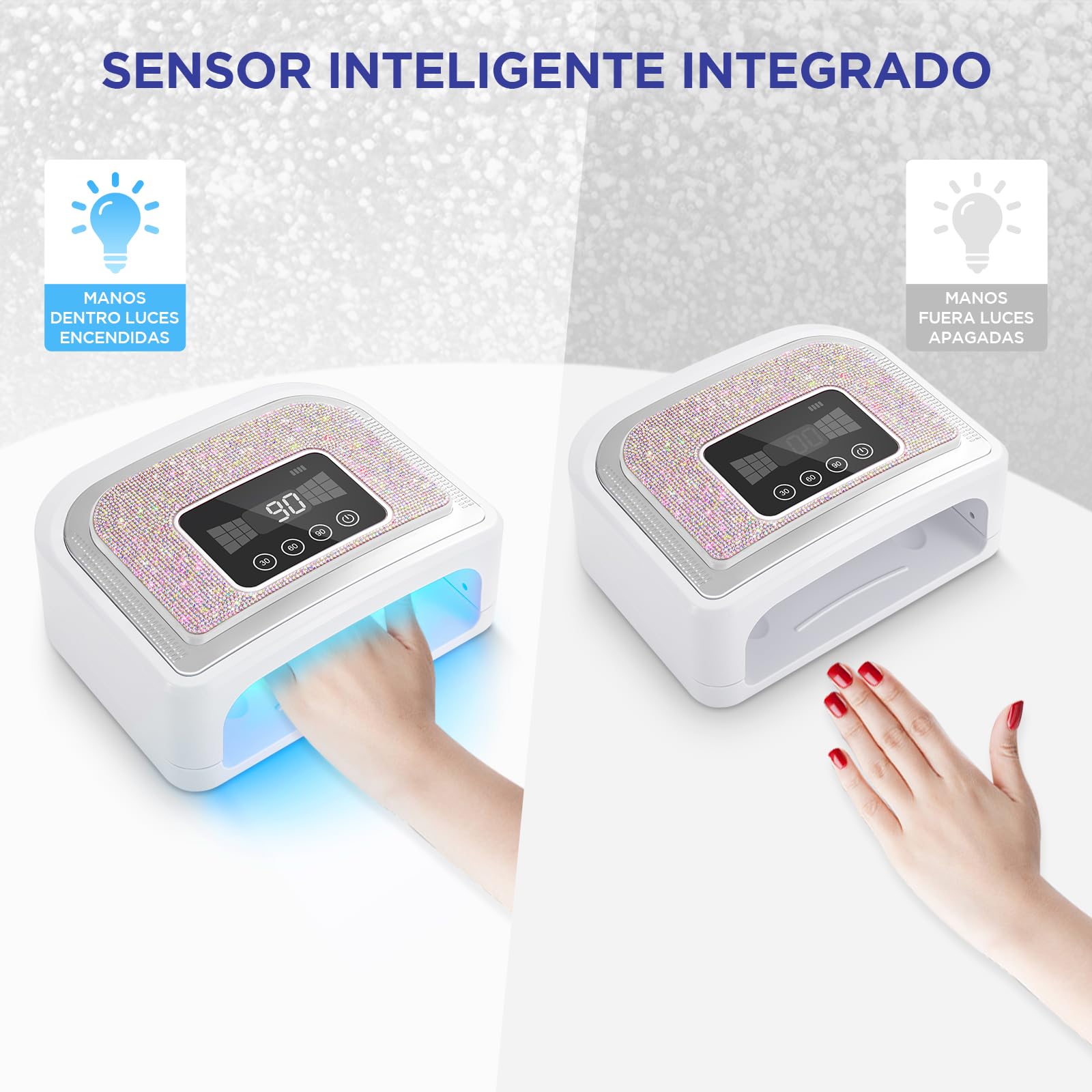Lámpara UV inalámbrica recargable para uñas de gel, lámpara LED para uñas decorada con diamantes de imitación brillantes para el hogar/salón de uñas (brillante diamante y blanco)