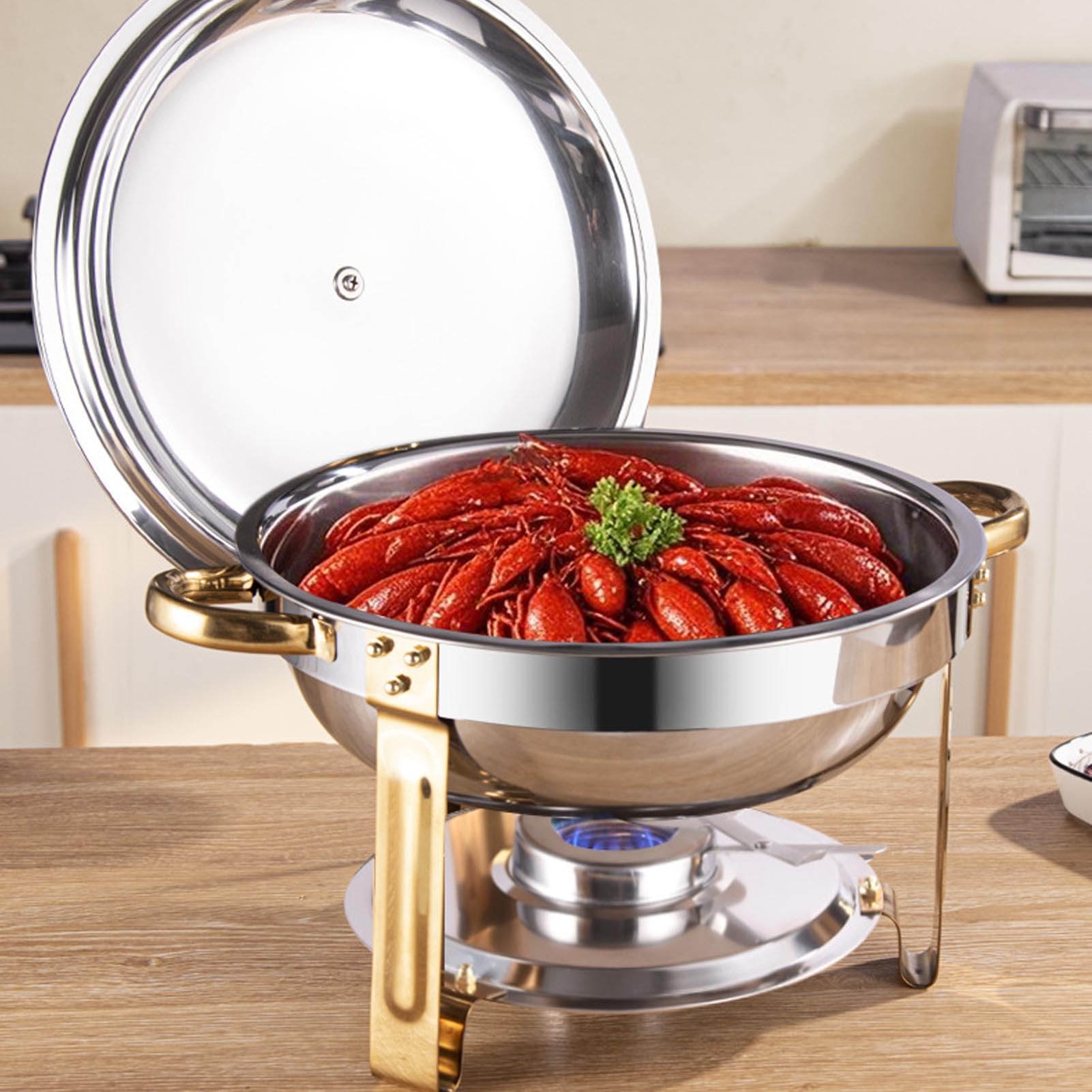 Brrnoo Juego de 2 Platos Redondos para Frotar, de Acero Inoxidable, de 4,5 L, con Soportes para Tapas y Cubiertas Ventiladas para Fiestas de Catering Tipo Buffet