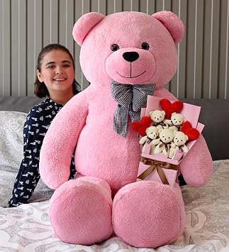 Sevgililer G n   in Romantik Hediye 140 cm Papyonlu B y k Pelu  Ay c k ve Kalpli Ay c k Buketi pembe