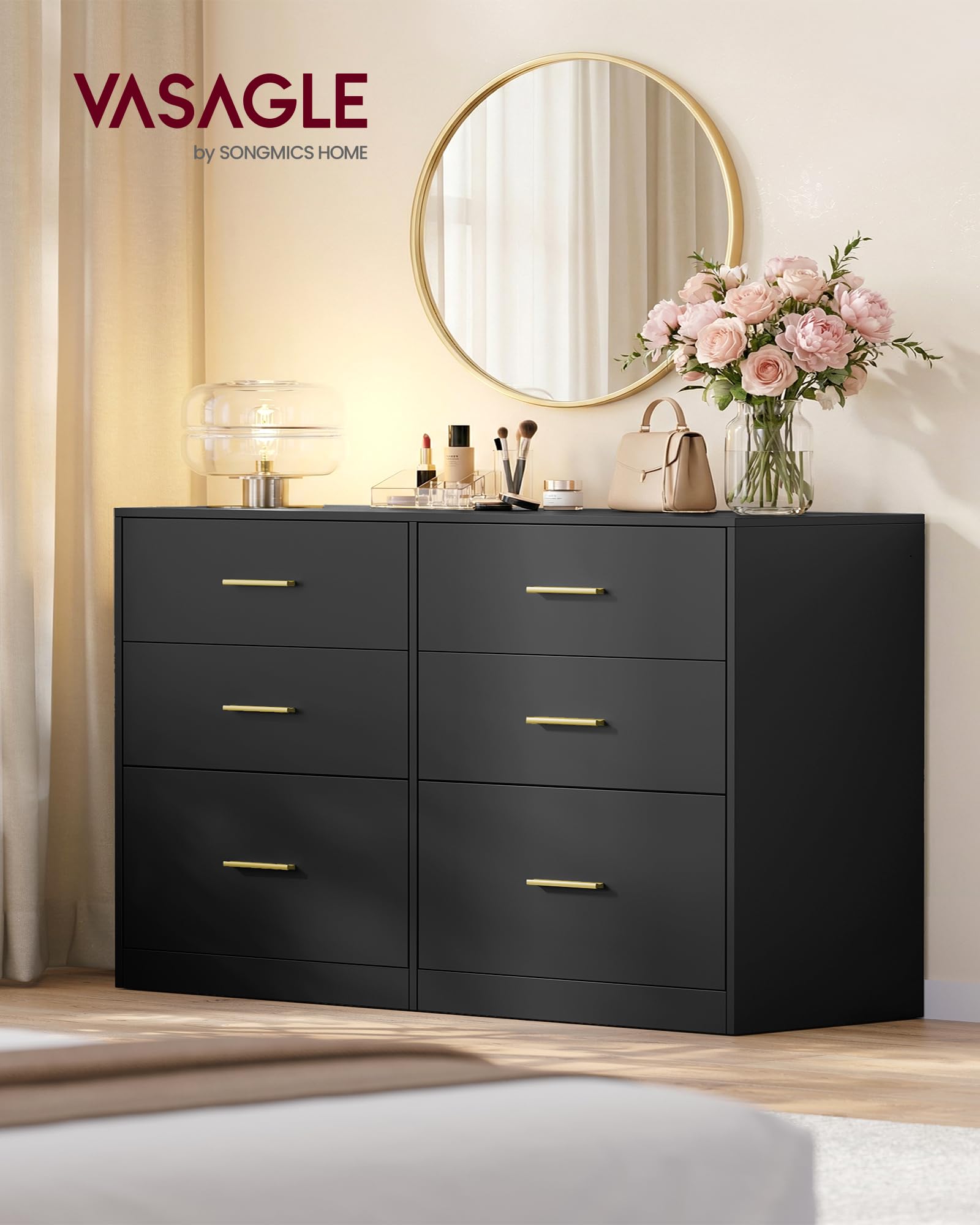 VASAGLE Custos Collection - Commode de Chambre, Armoire à Tiroirs pour Dressing, Style Moderne, Meuble TV pour Salon, 6 Tiroirs, 40 x 119 x 78 cm, Noir d'encre LTS416BC01