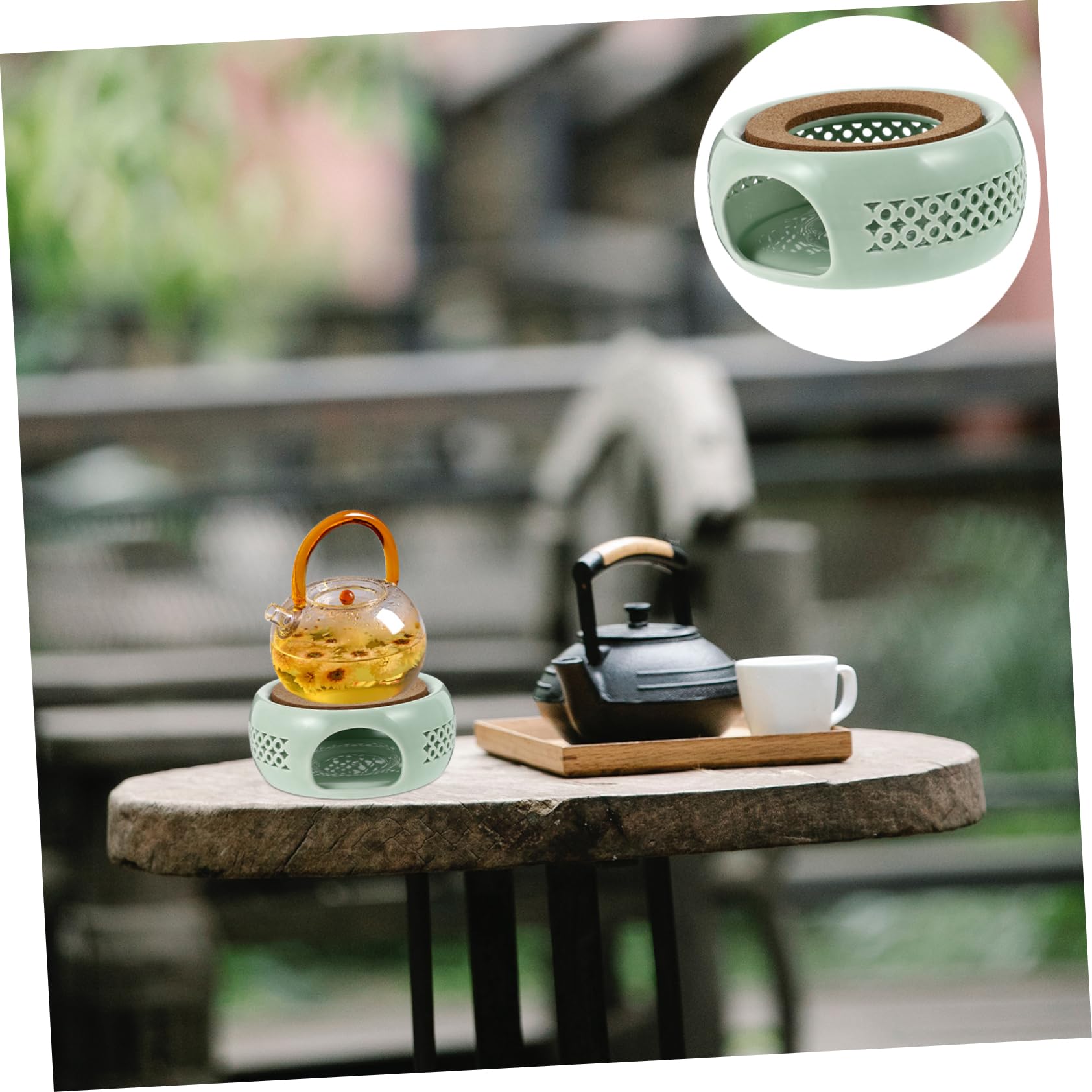 OUNONA 1Pc Light Green Ceramic Tea Warmer Retro Teapot Heater for Efficient Heat Preservation Household Tea Heating Tool Elegant Desktop Decoration