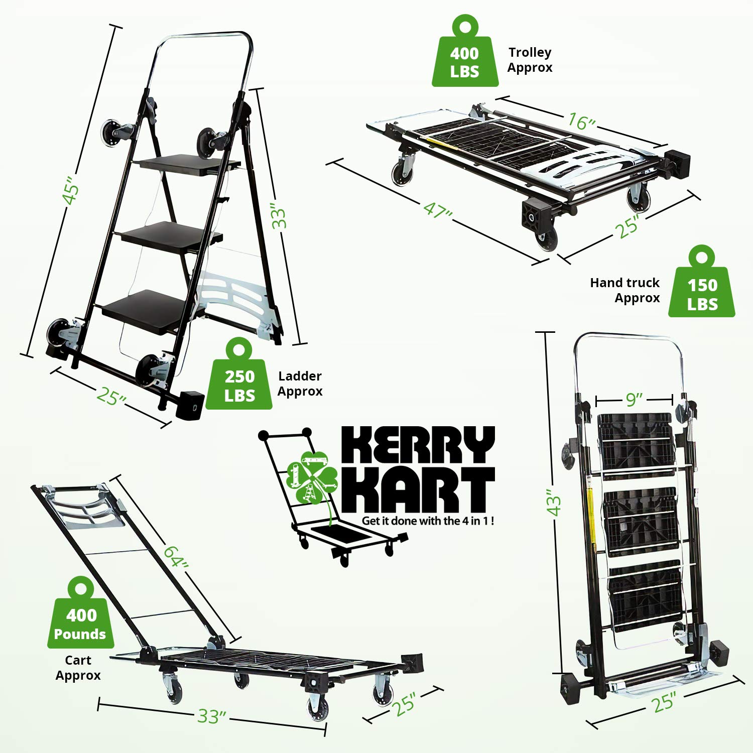 Kerry Kart 4in1 Rolling Utility Cart, Trolley and Moving Dolly with