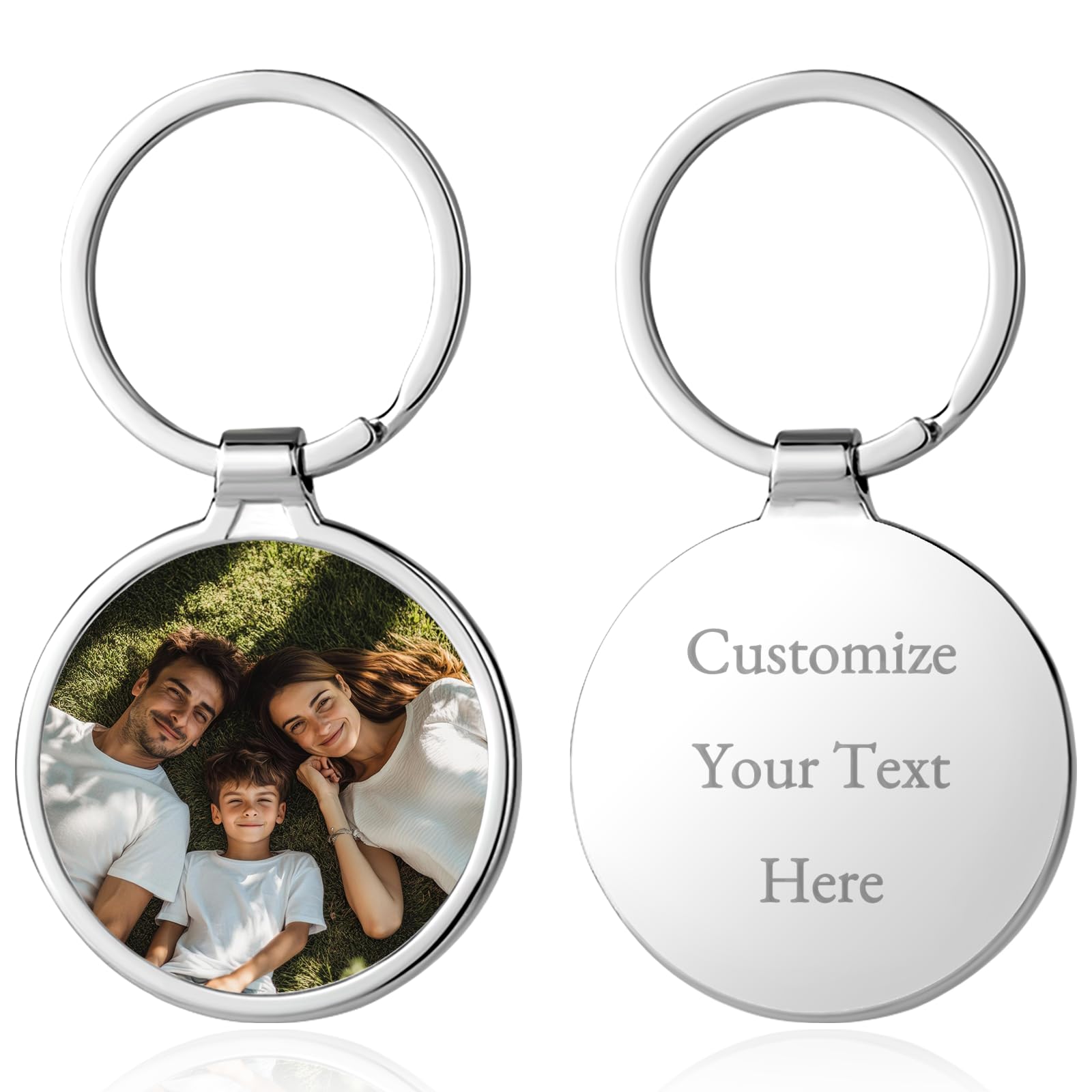 Bexoa Unisex Circle Personalised Keyring Photo & Text - Custom Keychain With Engraved Name Keyrings Customized Keychains With Picture Personalised Gifts For Men, Women, Dad And Mom (Circle)