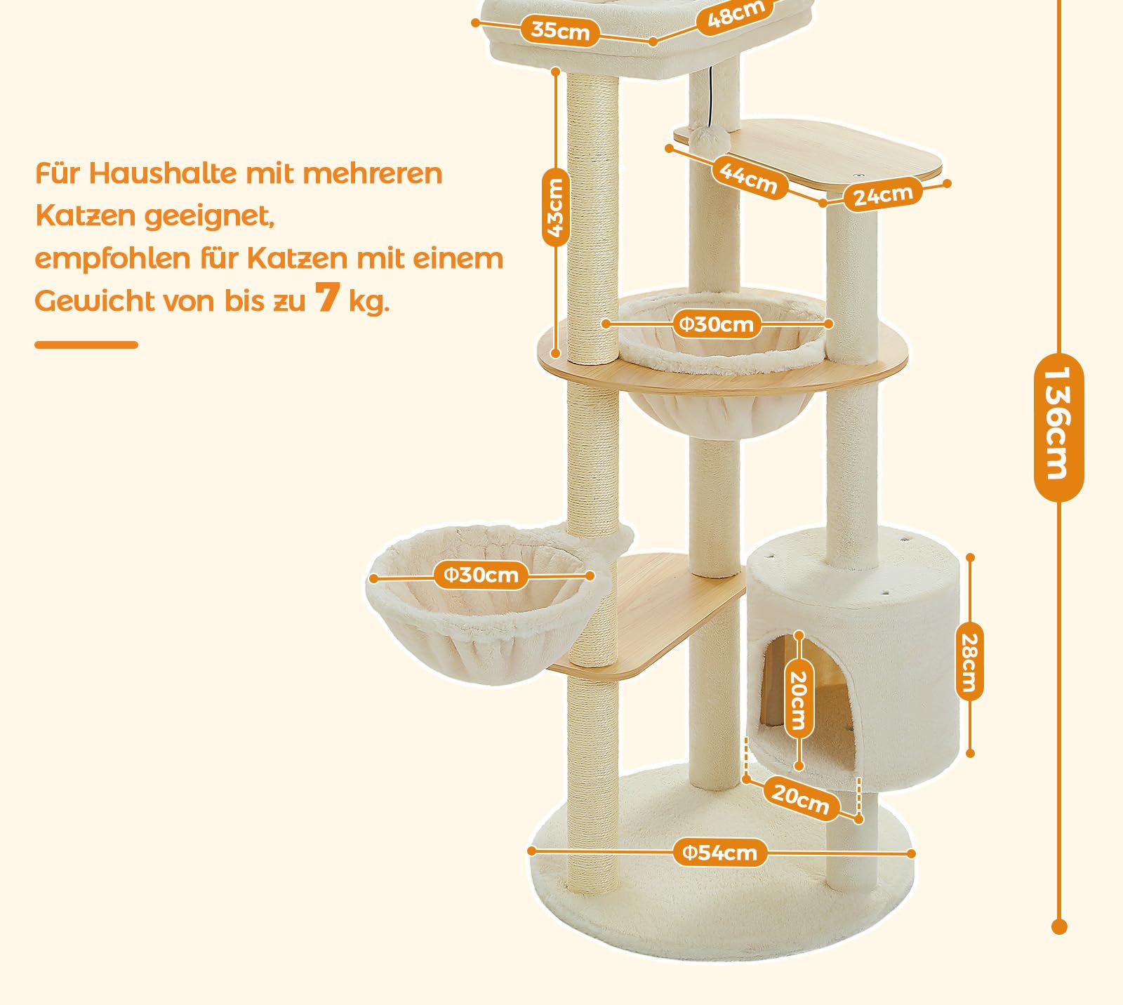 Kratzbaum, 136 cm Katzenturm für Wohnungskatzen, mehrstöckiges Katzenhaus mit Kratzsäulen, 2 Plattformen, Hängematte, Höhle, Acrylnest Haustiermöbel,Acryl (Normaler)