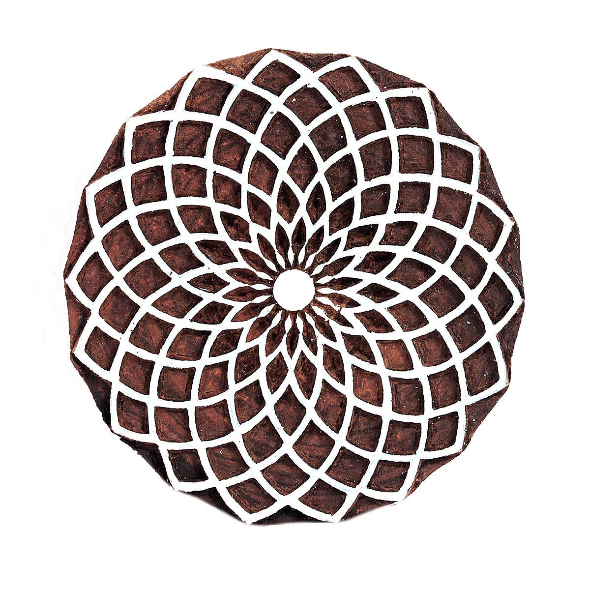 Fancy handicraft 6 inch Flora Round Pattern Mughal Design Wooden Printing Stamp Block Hand-Carved for Saree Border Making Pottery Crafts Textile Printing (Brown and White)
