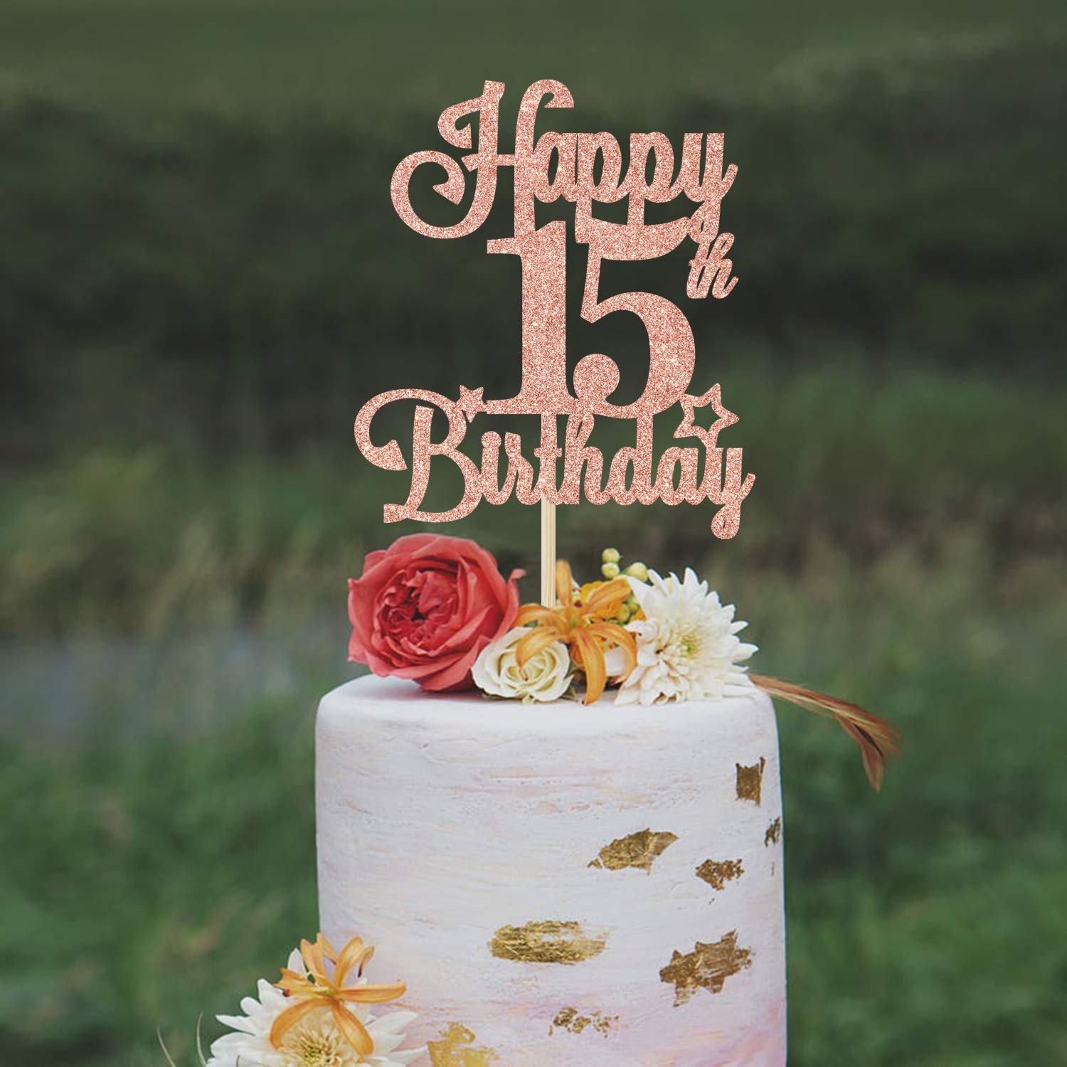 Rose Gold Glitter "Happy 15th Birthday" Cake Topper - Cheers To 15 Years Party Decor