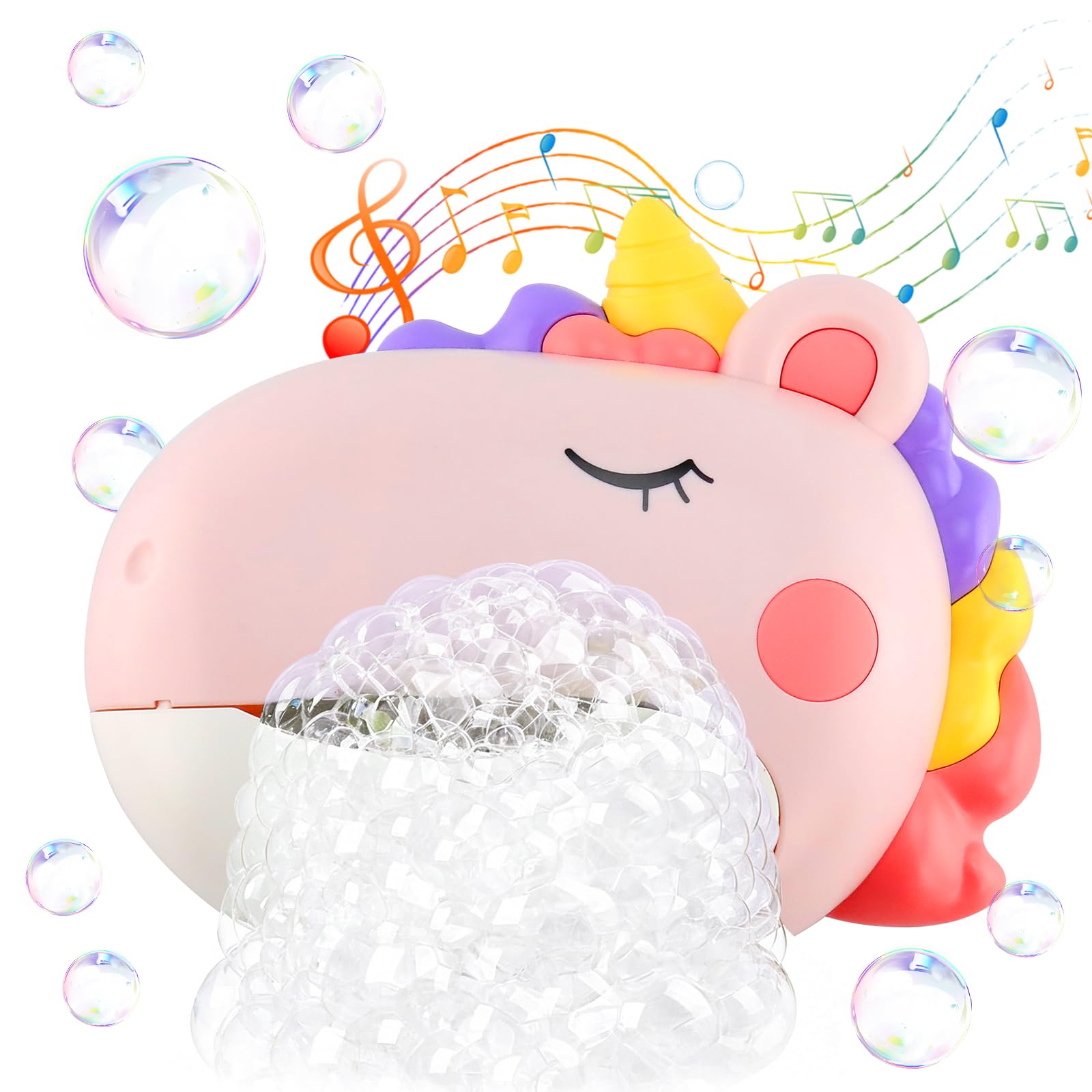 Pink Unicorn Bubble Maker Bath Toy with Music, Rechargeable Bathtub Bubble Machine with Suction Cups, Sensory Bath Toy for Toddlers Ages 1–6, Gift Idea for Kids
