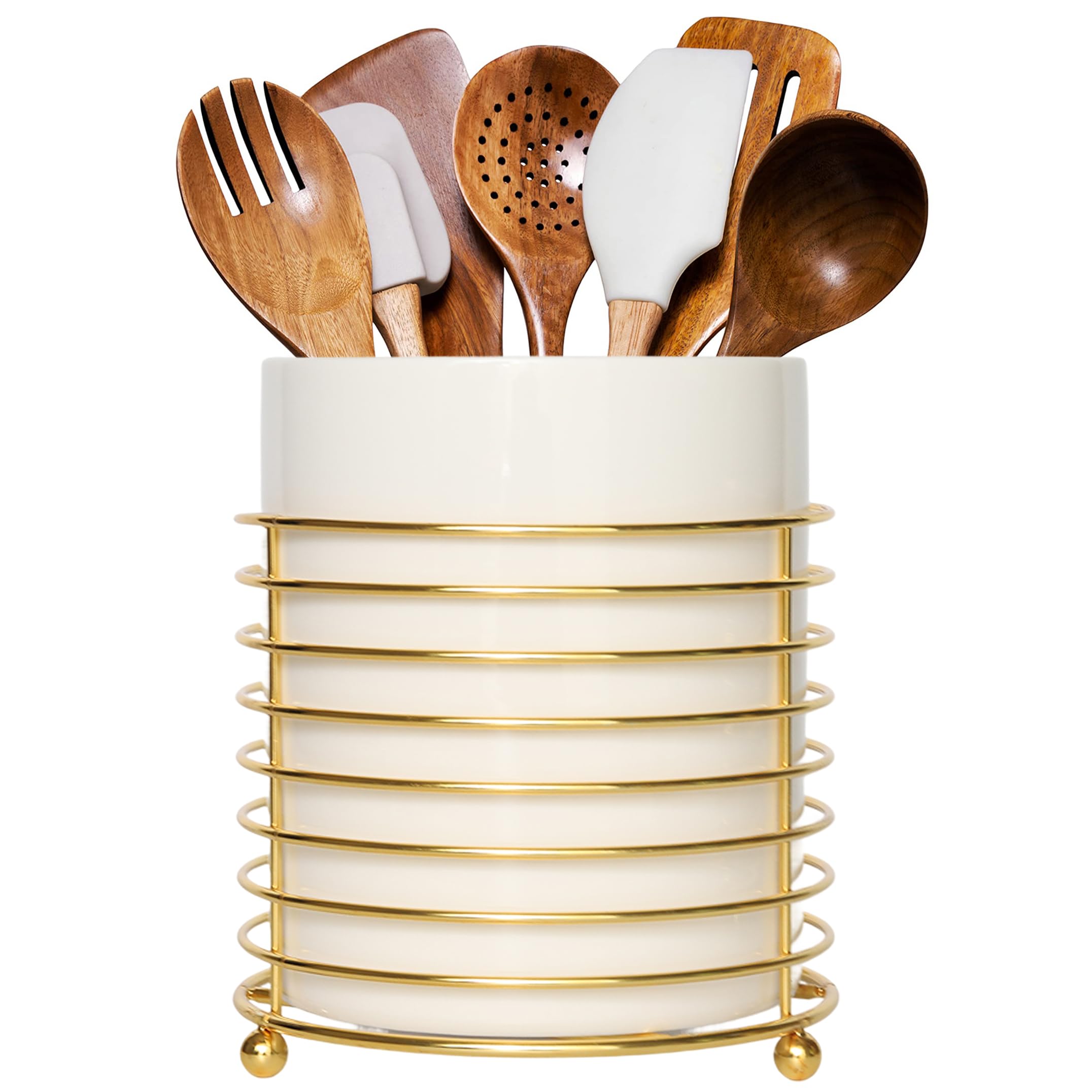 LOUIE SILNA Kitchen utensil rack, large ceramic cutlery cups, with gold ring support, white ceramic cups.