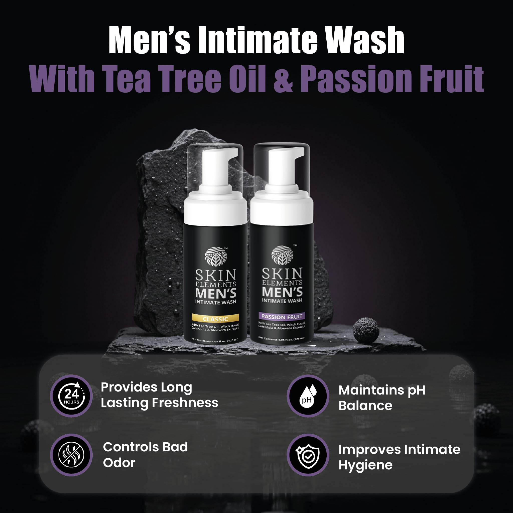 Skin Elements Men's Intimate Wash Combo - Paquete de 2 | Aceite de árbol de té (clásico) + fruta de la pasión | Previene la picazón, la irritación y el mal olor | (240 ml)