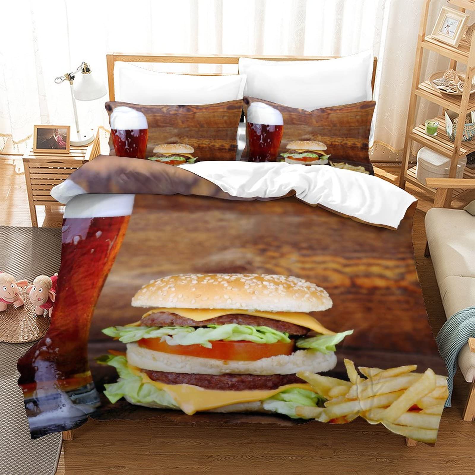 Housse de couette hamburger 3D double avec fermeture éclair pour lit 2 personnes