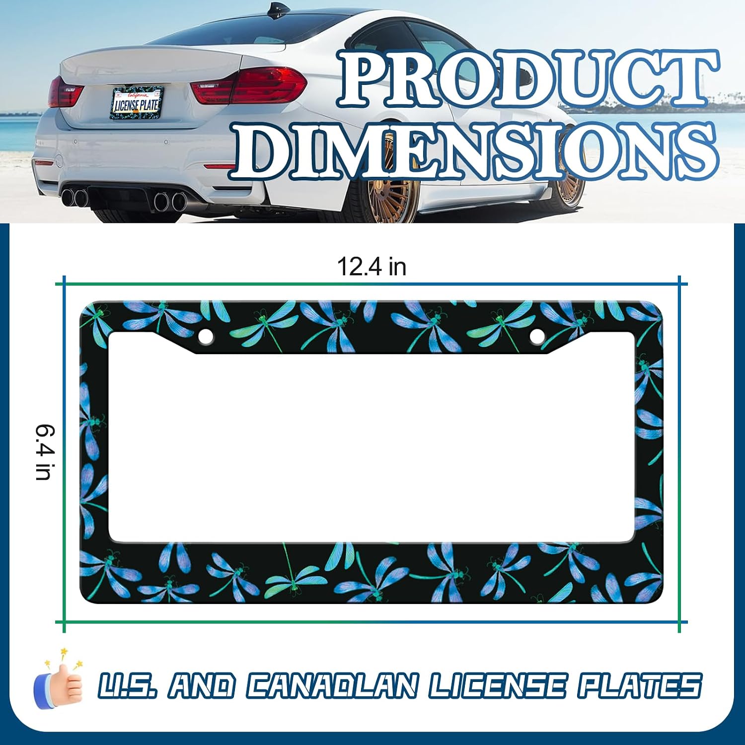 LIN KANG Blue Dragonfly License Plate Frames - 2 Pack Dragonfly Insects Flying Aluminum Metal License Plate Holder Covers,Rust-Proof Waterproof Car Decorative Tag Frames for Standard US 12x6 Inch image 2