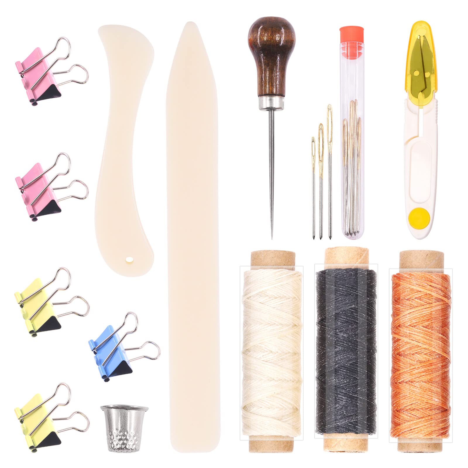 Swpeet 25Pcs Bookbinding Kits, Including Real Bone Folder Creaser, Paper Awl, Large-Eye Needles, Binder Paper Clips, Waxed Thread, U-Shaped Scissors for DIY Book Binding Crafts and Sewing Supplies