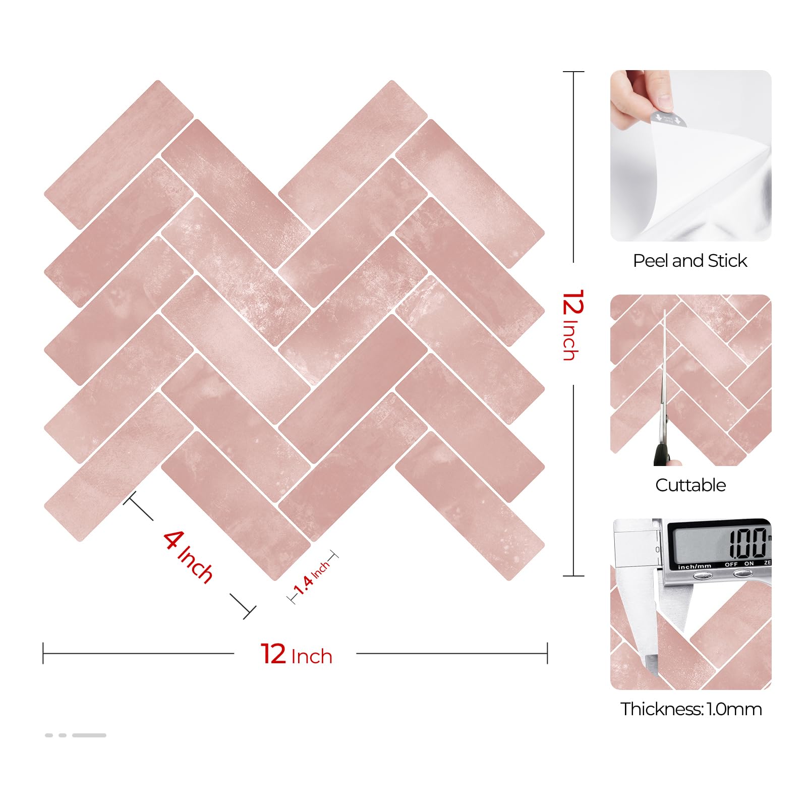 Livelynine Baldosas Adhesivas Pared Cocina 3D Azulejos Adhesivos Cocina Baño Rosa Espiga 30x30CM 16 Losetas Vinilo Adhesivo Pared Chimenea Lavable Losetas Vinilo para Paredes de Baño Rosa Palo