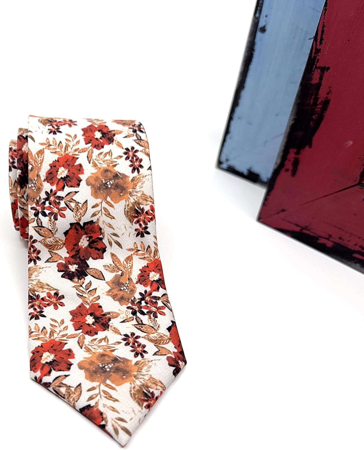 Men's Floral Satin Necktie, Stylish Novelty Tie for Weddings, Groomsmen Tie, Events, Brunt Orange Floral (Rust Orange, Regular)